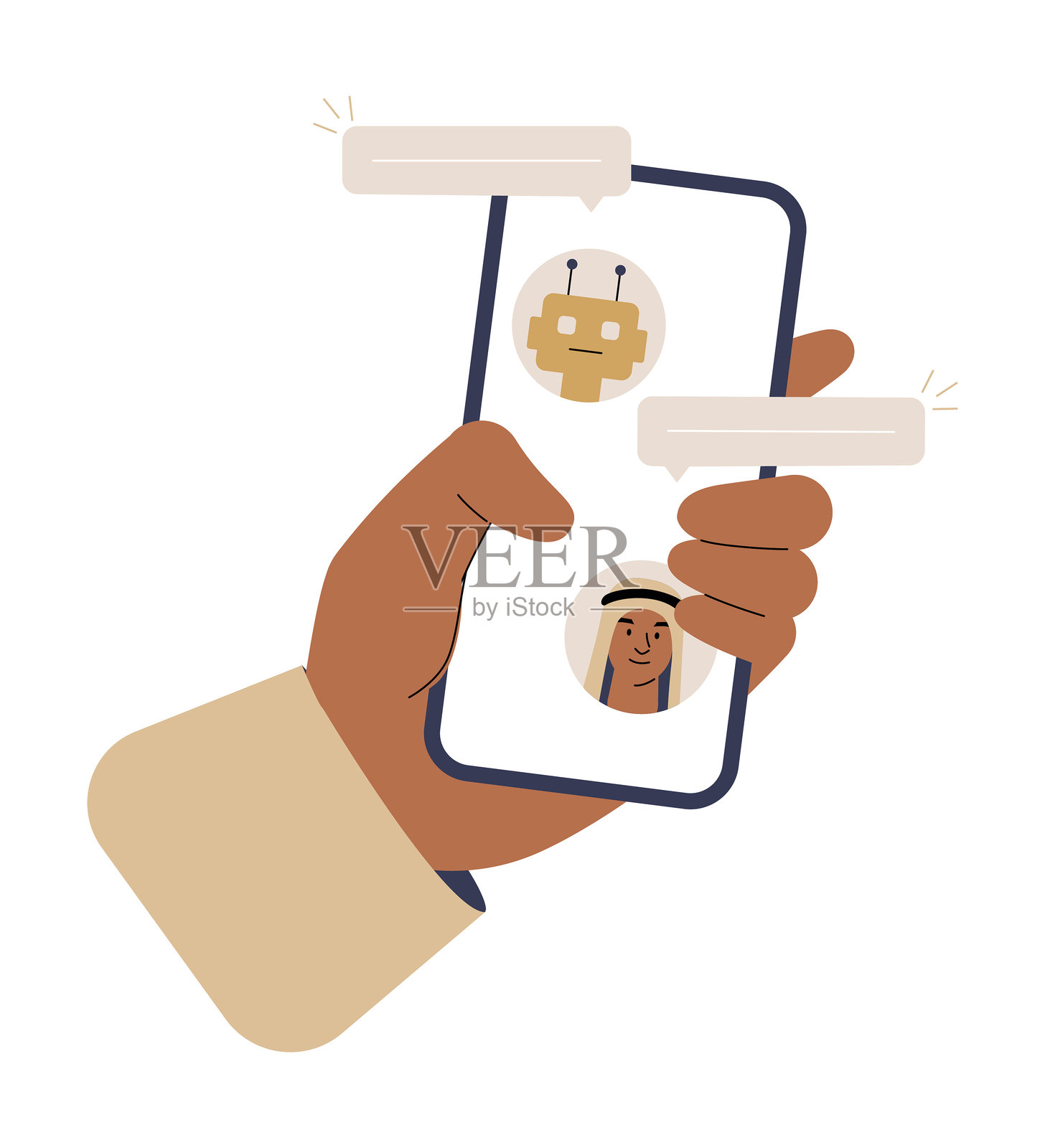 手握智能手机与阿拉伯男子的AI聊天机器人扁平矢量插图，象征数字通信、AI辅助聊天和虚拟互动，背景为白色。插画图片素材