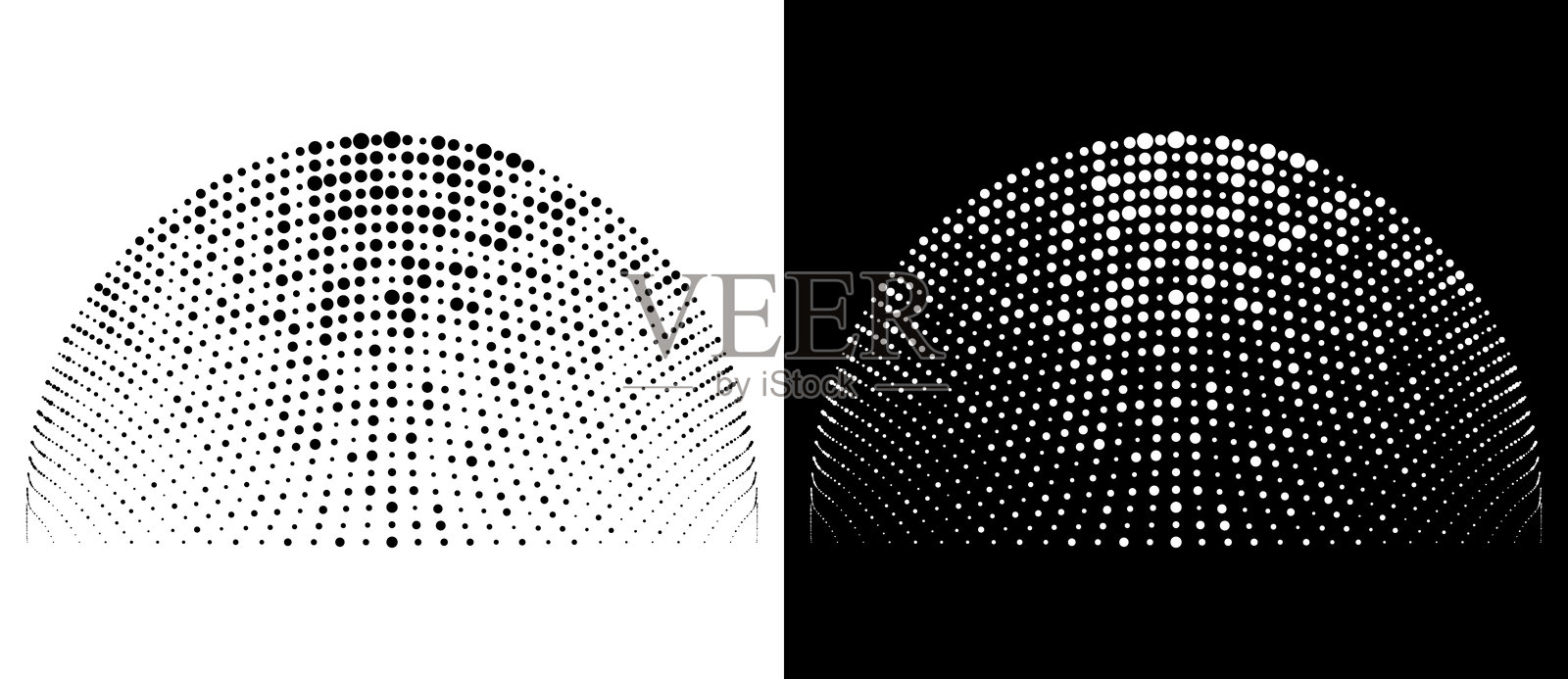 现代抽象背景。半圆形的半色调点。矢量点状圆形标志。设计元素或图标。黑色背景上的黑点和白色背景上的白点。插画图片素材