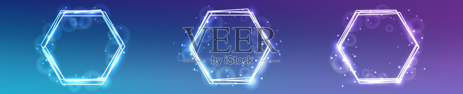 霓虹六边形框架，带有闪光效果和星星点点的光芒插画图片素材