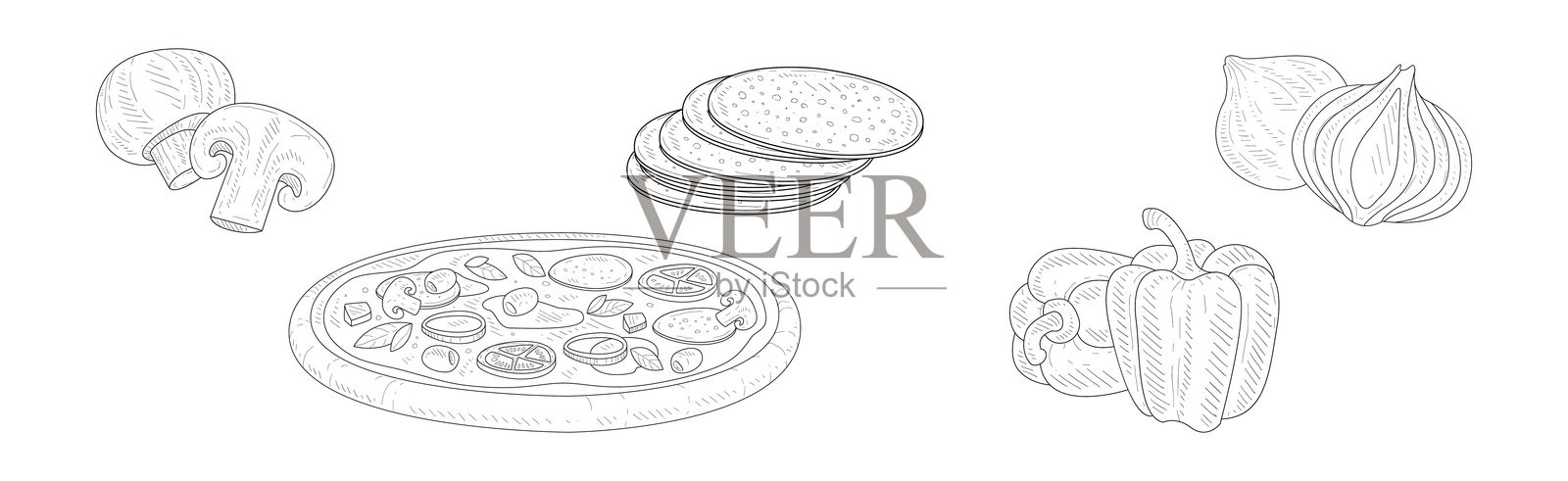 手绘比萨配料和烹饪食材矢量图集插画图片素材