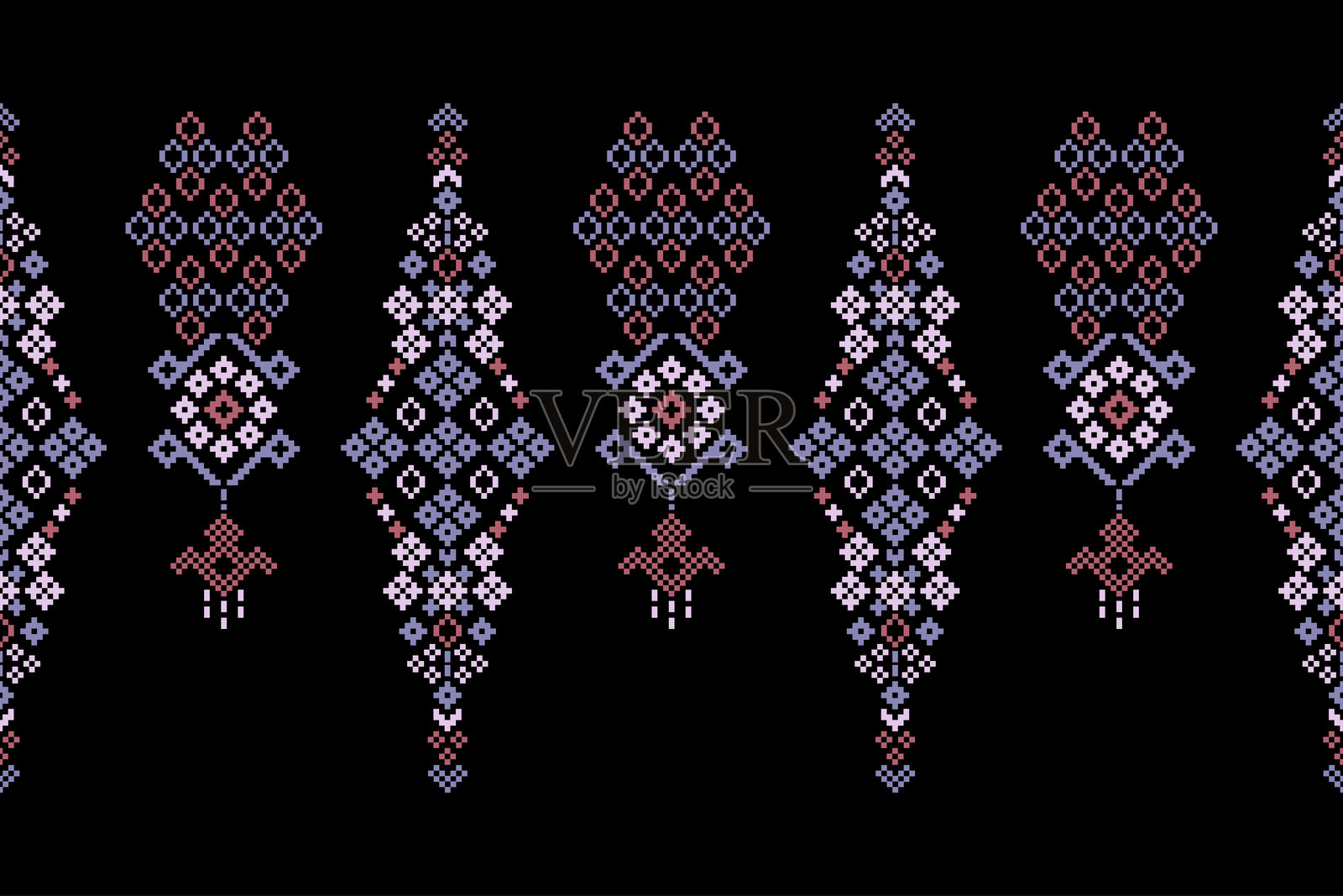传统民族图案织物花纹，伊卡特几何交叉刺绣。伊卡特刺绣，民族东方，像素黑色标签背景。抽象，矢量，插图。插画图片素材