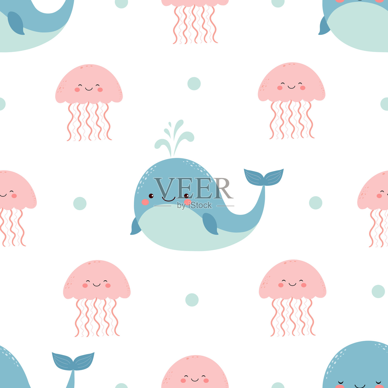 Seamless pattern with cute cartoon smiling jellyfish and whale with fountain.插画图片素材