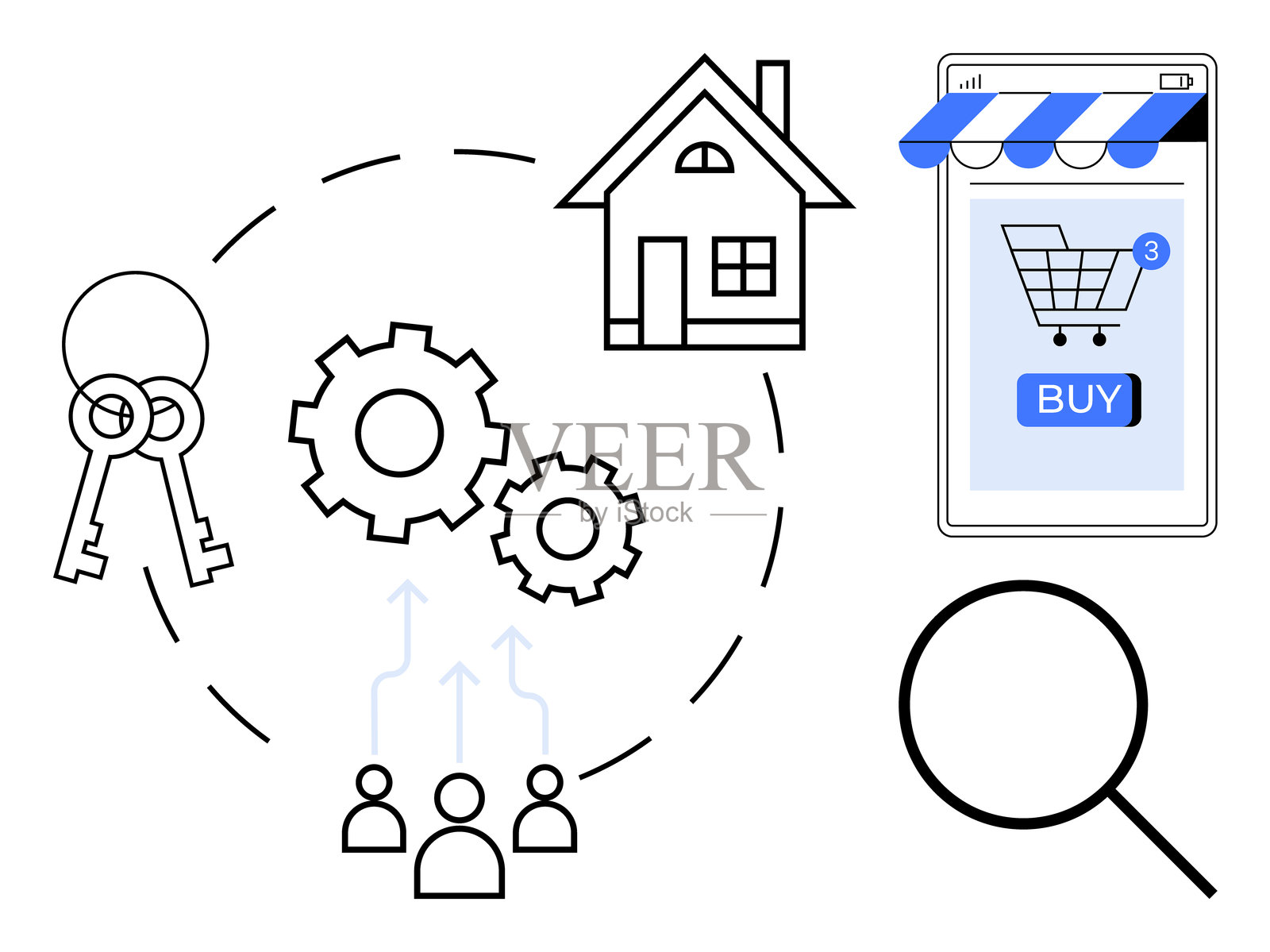 房地产与电子商务房屋、钥匙、搜索、齿轮和在线购物元素插画图片素材