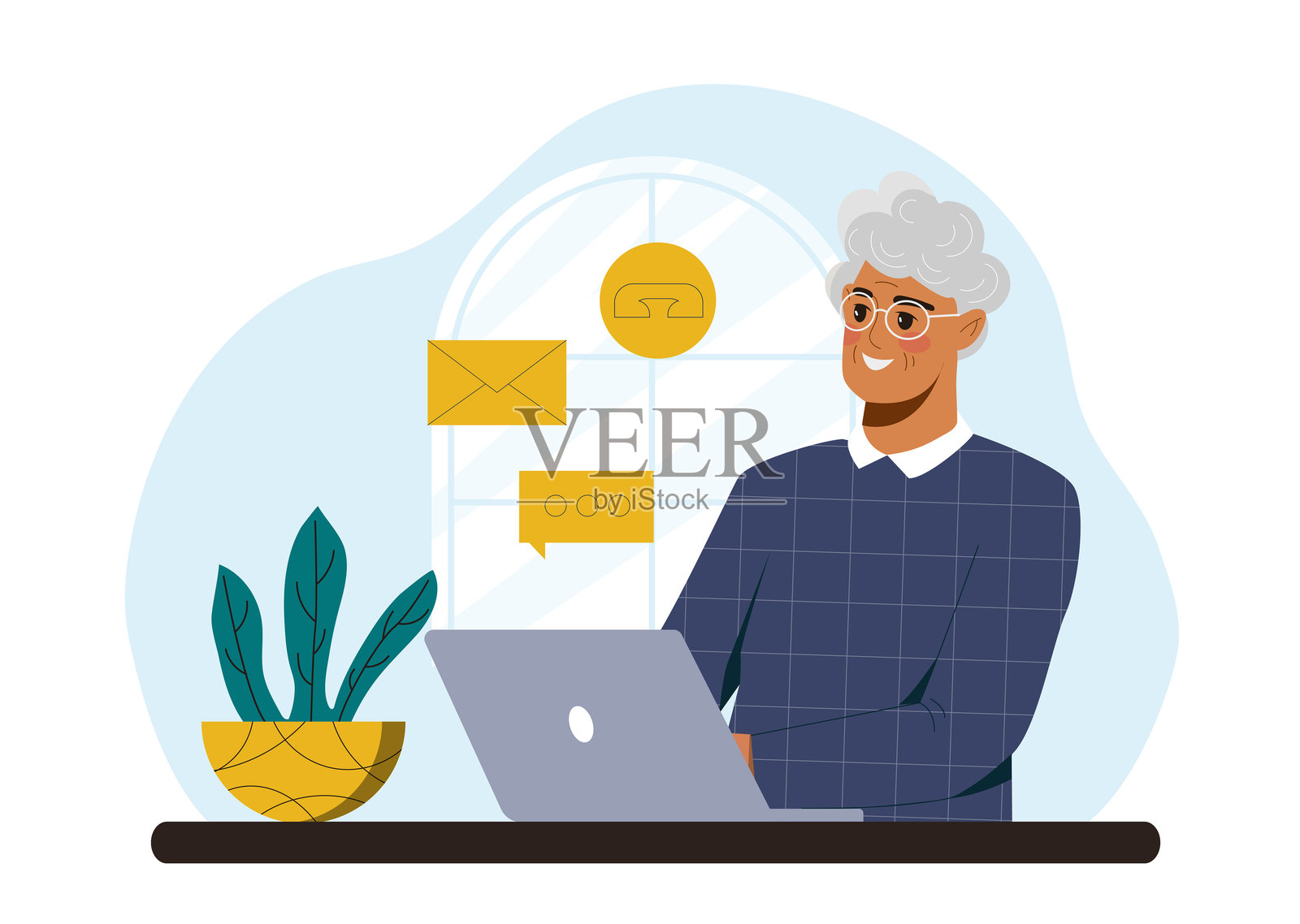 老年男子使用笔记本电脑。矢量插图插画图片素材