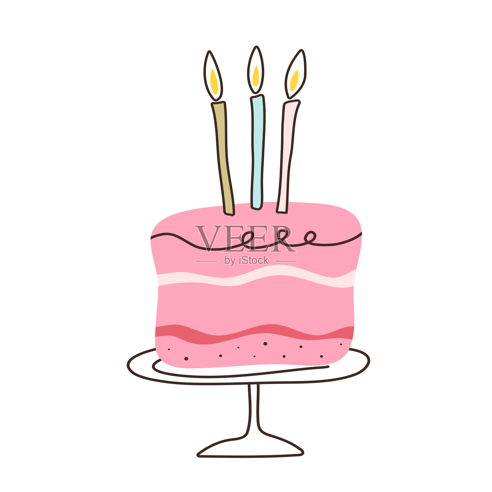 扁平风格的蛋糕上插着蜡烛。手绘线条的杯子蛋糕。生日、邀请函、庆典、海报、婚礼的甜点切片。可爱的独立矢量插图，背景为白色。插画图片素材