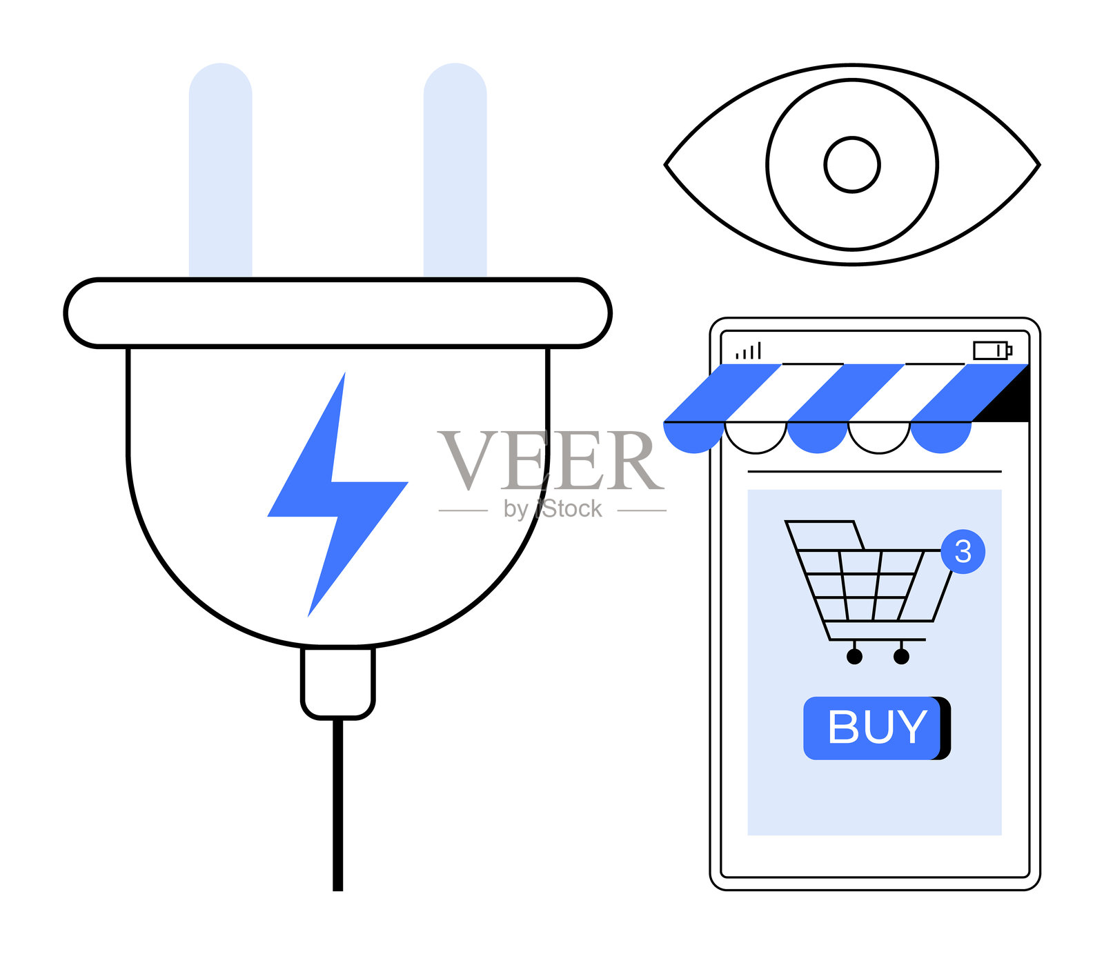 在线购物和电子商务与眼部监控和电能符号插画图片素材