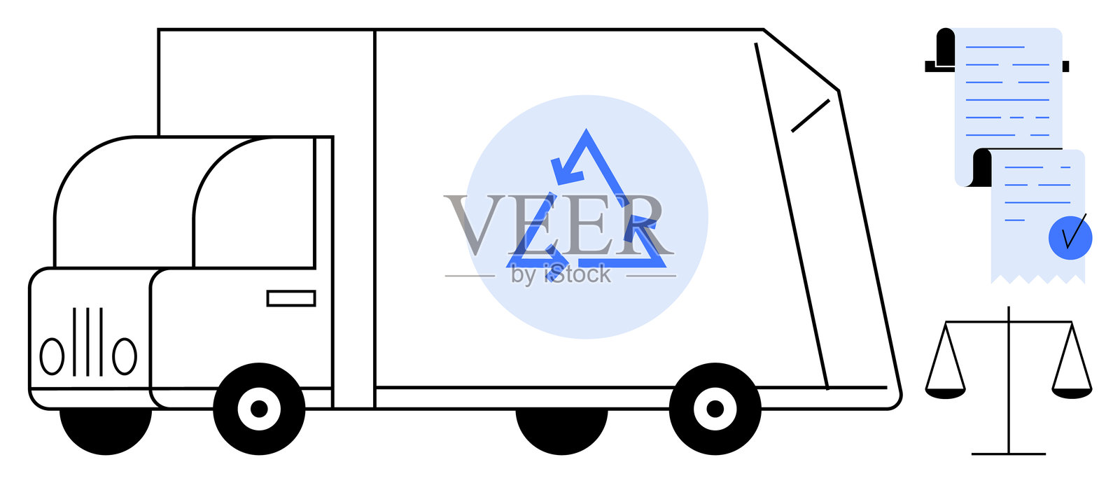 带有清单和秤的回收卡车，突显可持续性和合规性插画图片素材