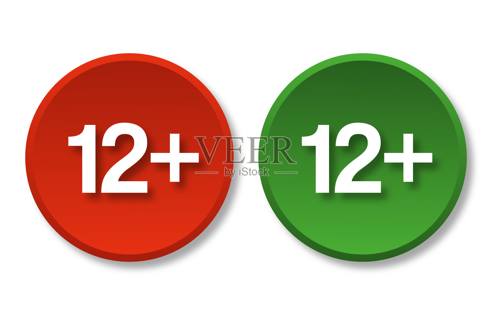 红色和绿色圆圈中的年龄评级符号，表示12岁及以上插画图片素材
