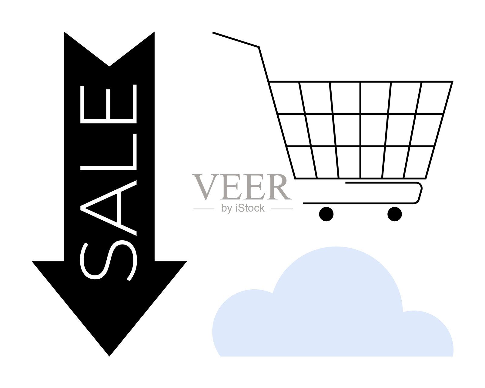 购物车上带有销售箭头和云朵，突显电子商务和折扣插画图片素材