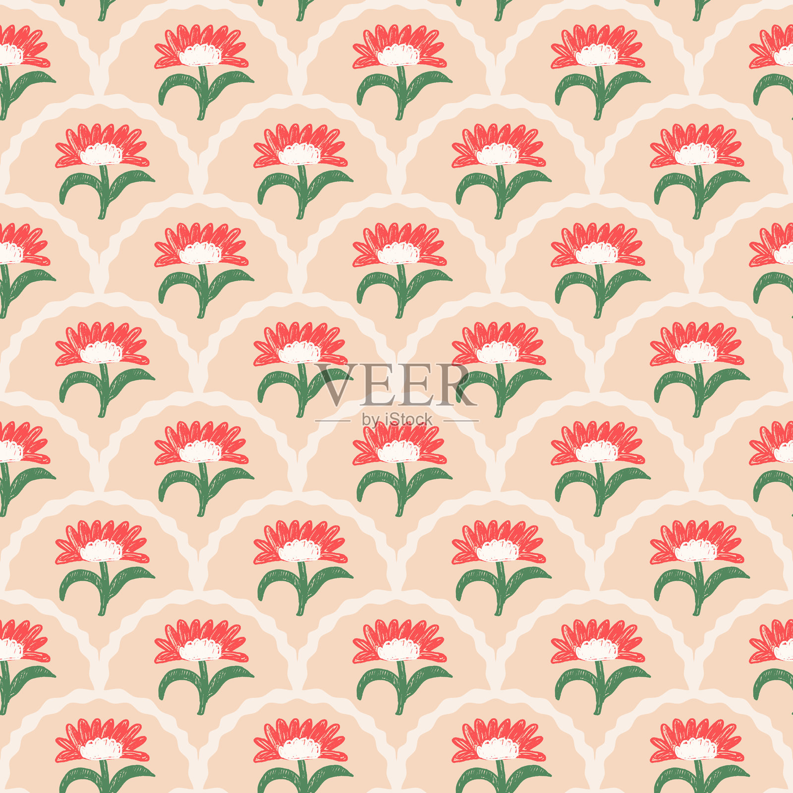 向日葵蜡笔画无缝图案。花卉全覆盖背景。线条艺术植物重复背景。春季主题的表面图案设计。矢量手绘插图。插画图片素材