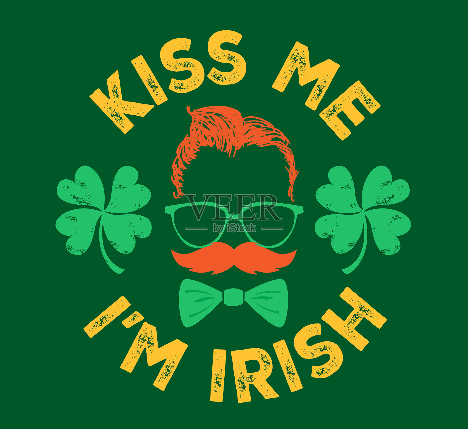 吻我，我是爱尔兰人 爱尔兰圣帕特里克节 绿色四叶草 嘻哈风格圆形标签设计插画图片素材
