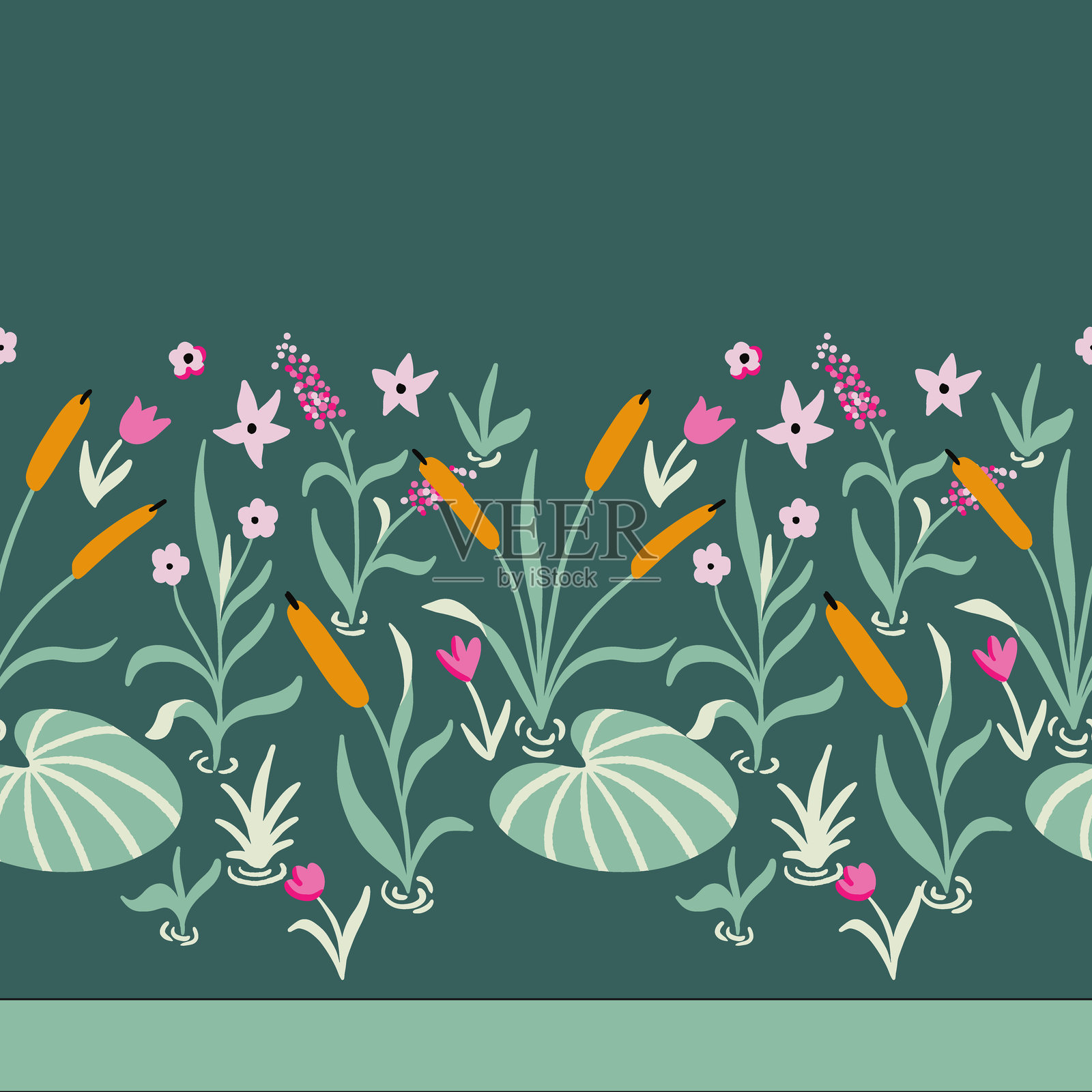 湖边植物矢量无缝横向边框插画图片素材