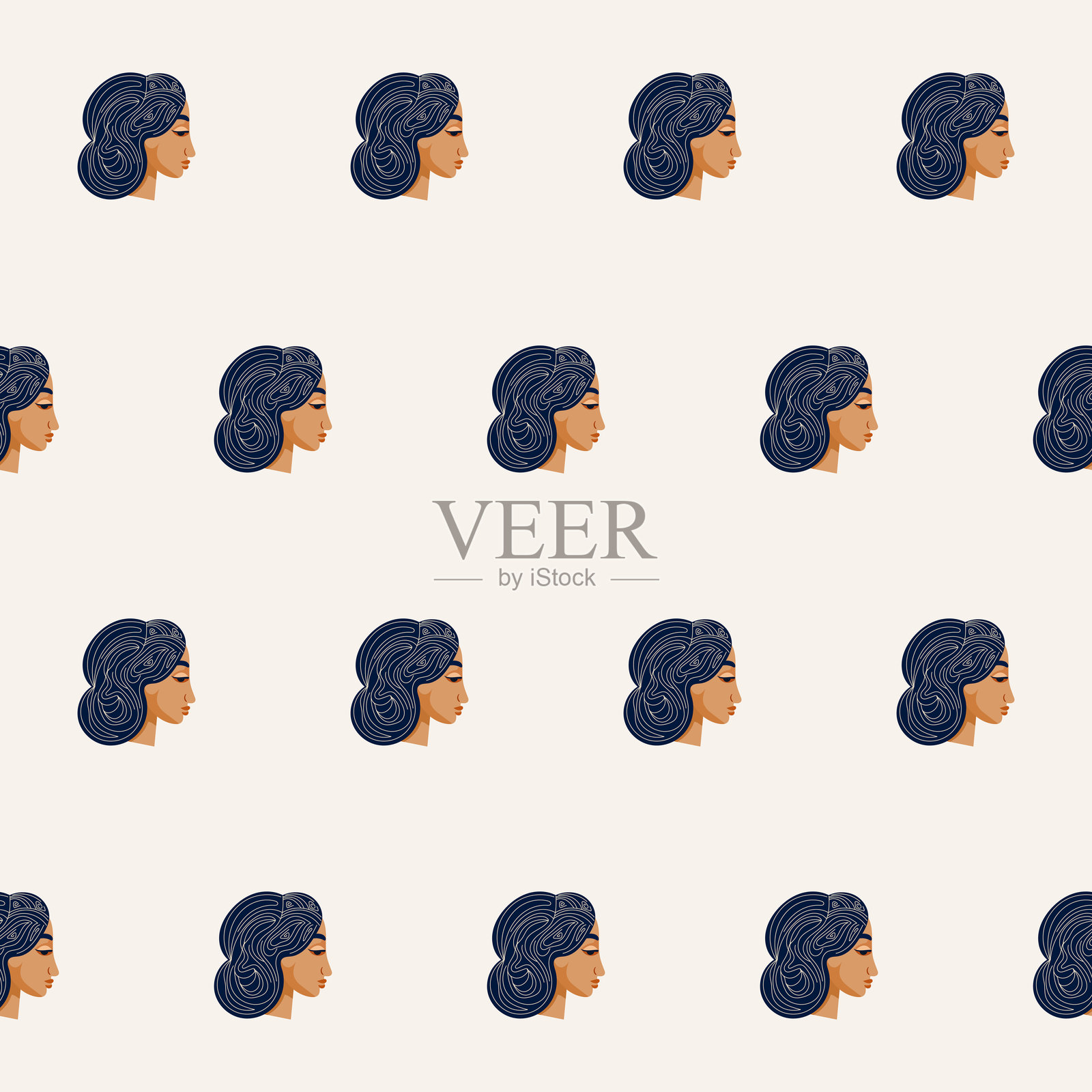 涂鸦女性头像肖像无缝图案背景现代时尚纺织面料表面印刷插画图片素材