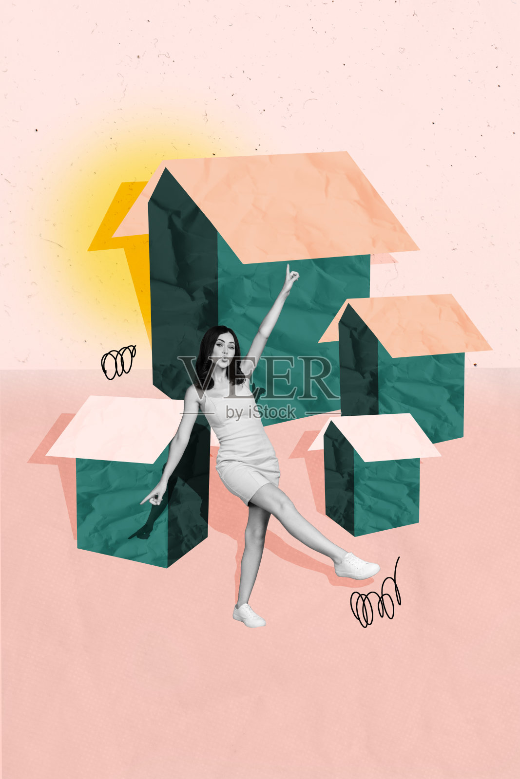 快乐女孩在堆叠的箱子上跳舞的垂直照片拼贴，国际快递服务折扣订单包裹，背景为涂鸦风格。照片摄影图片