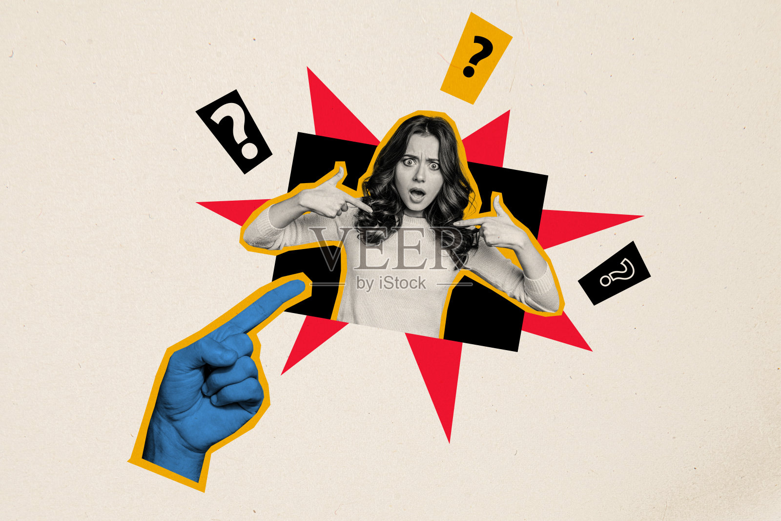 惊讶和担忧的女孩手指指向评判和指责的合成照片拼贴，背景为涂鸦风格。照片摄影图片