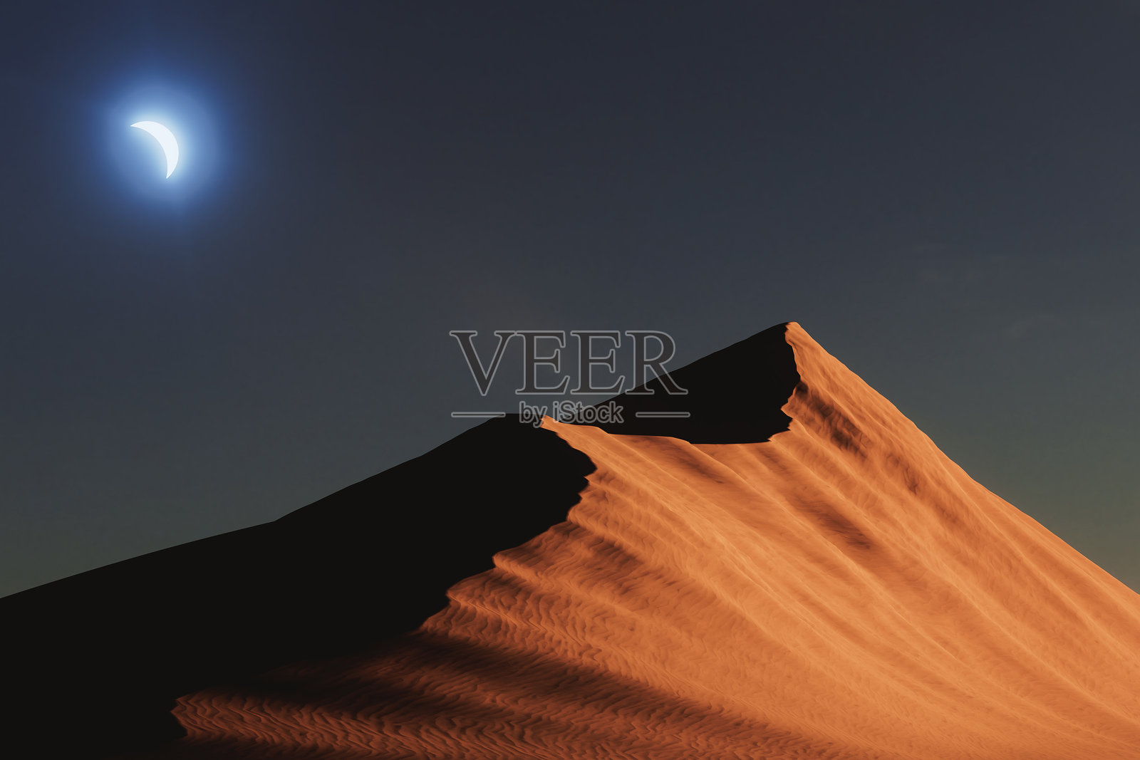 沙漠中的沙丘与月亮。3D渲染照片摄影图片