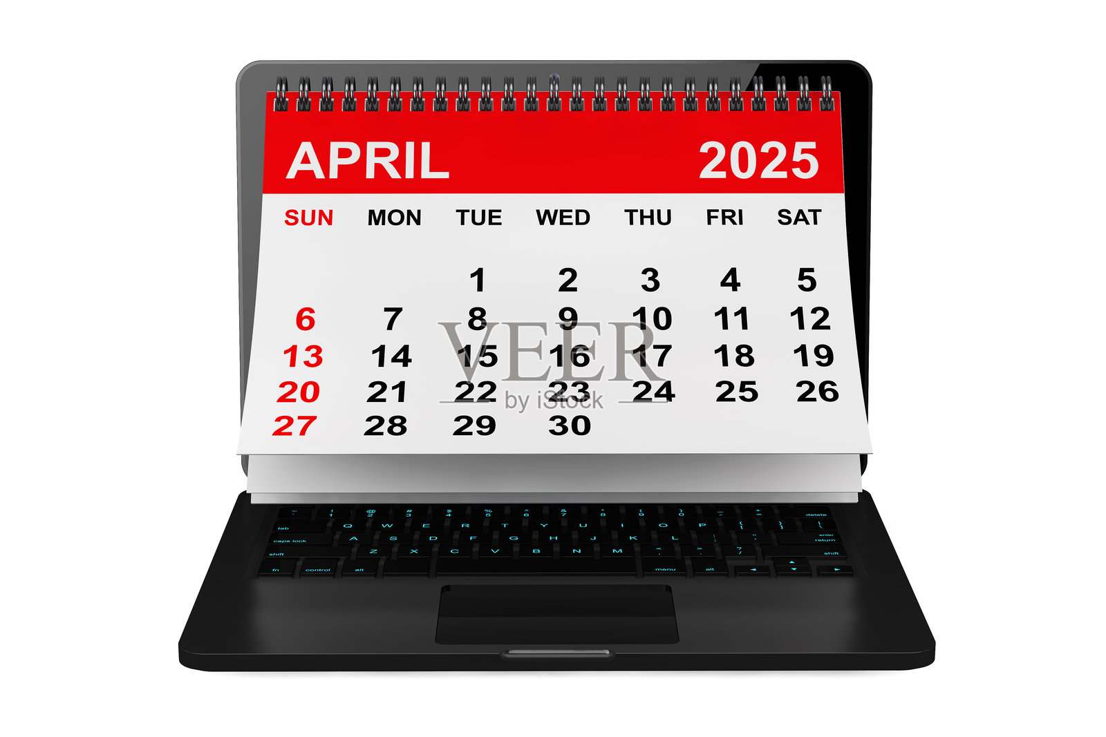 2025年日历。四月日历在笔记本电脑屏幕上。3D渲染。照片摄影图片