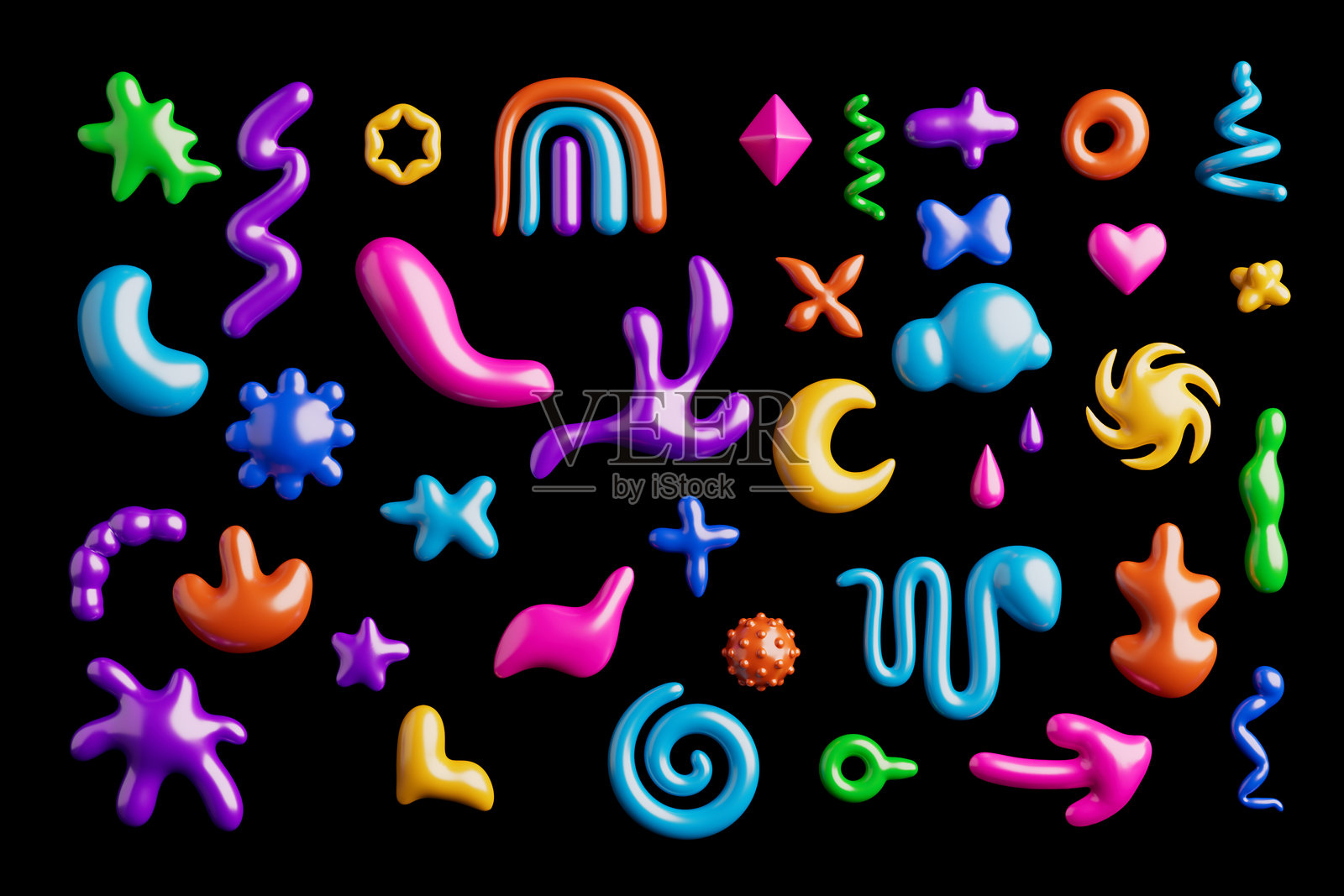 色彩斑斓的奇异有机抽象几何形状、图形、形式和图形元素。3D渲染照片摄影图片