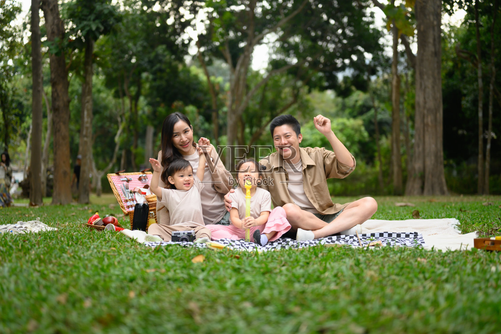 快乐的家庭在夏季周末的公园里野餐照片摄影图片