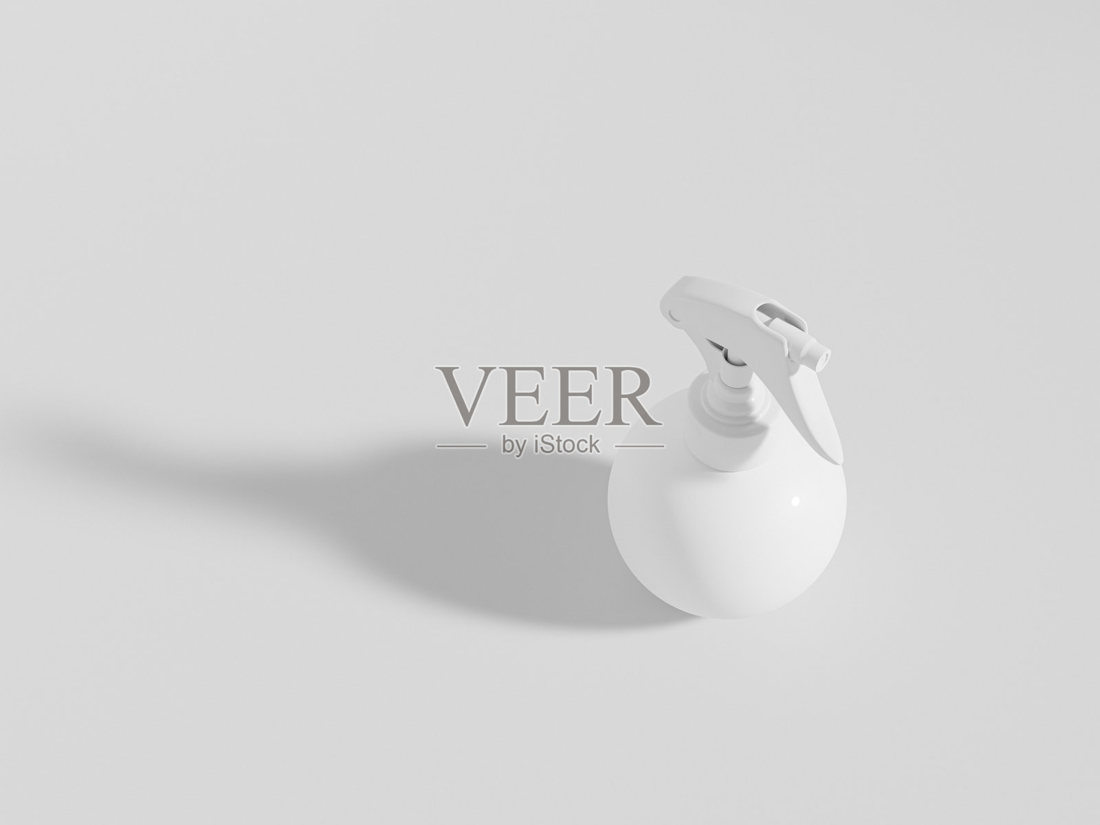 触发喷雾瓶模型，球形PET塑料喷雾器包装，圆形雾化瓶模型，化妆品曲线瓶在干净背景上独立，圆形液体分配器容器照片摄影图片