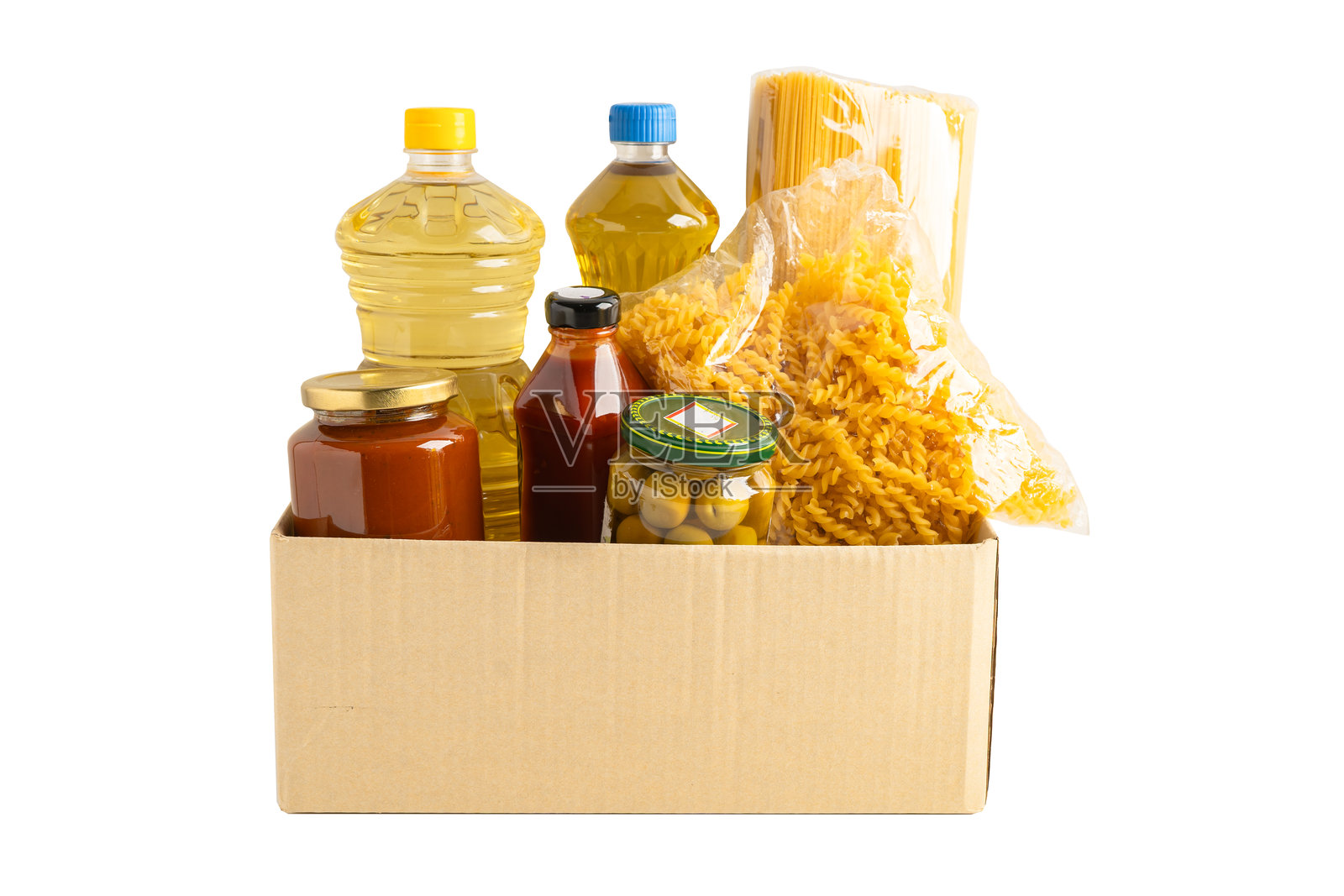 捐赠箱中的食品，背景为白色，方便志愿者帮助他人。照片摄影图片