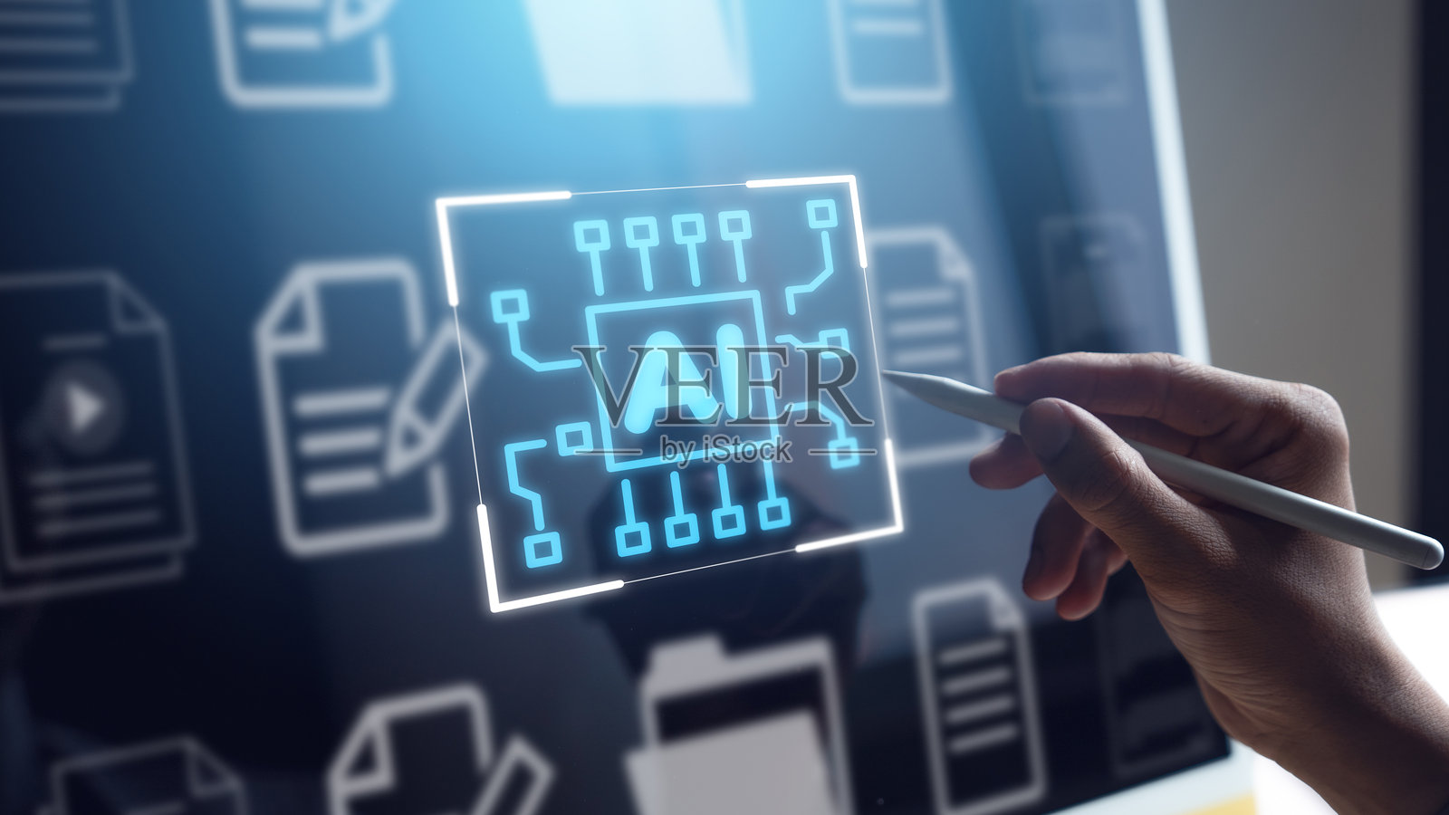 AI生成在电子电路板上的抽象文档，电路板上的数字文件夹图标照片摄影图片