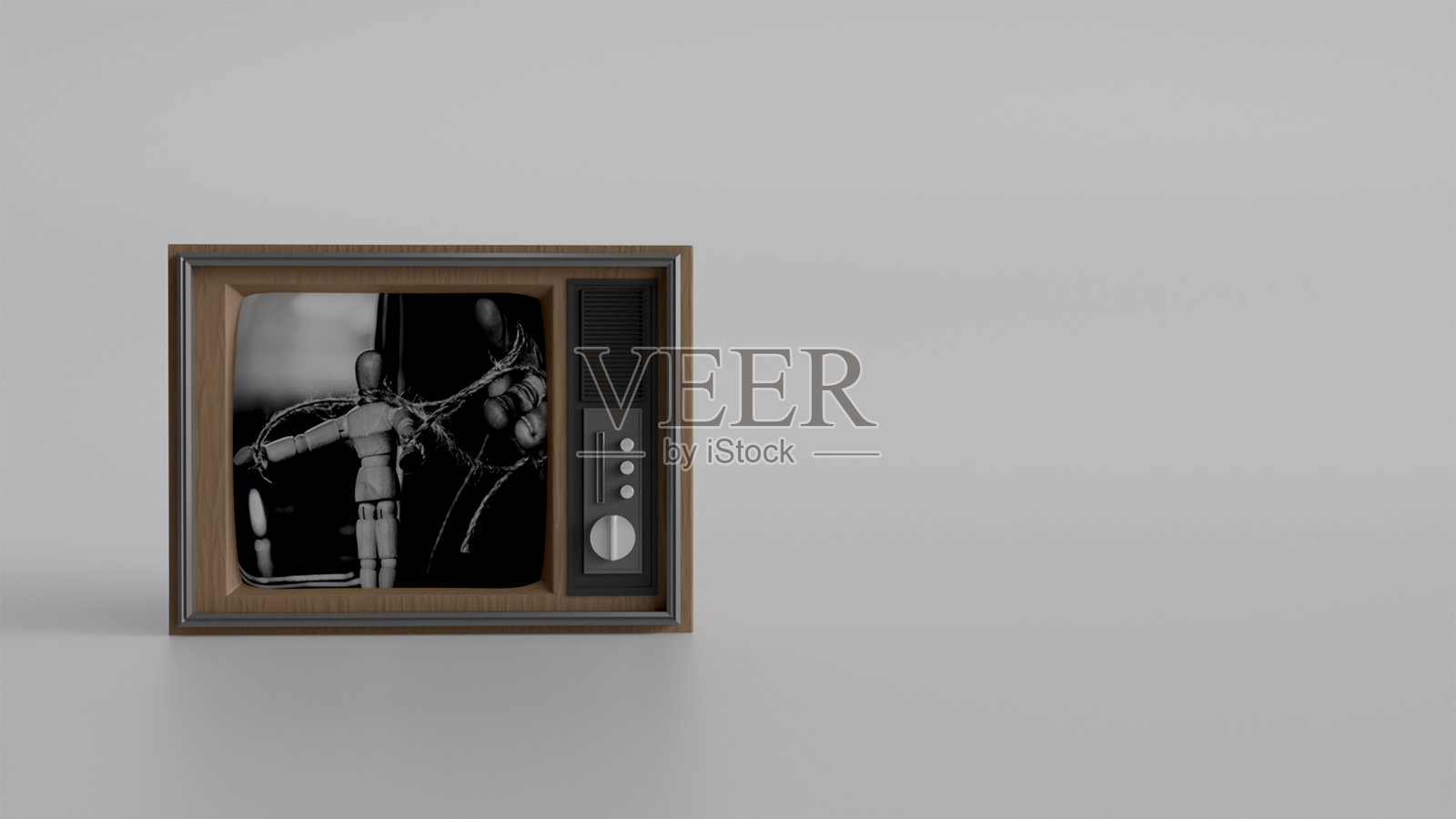 女性手握着绳子上的玩偶，显示在白色背景的老式电视屏幕上，3D模型。照片摄影图片