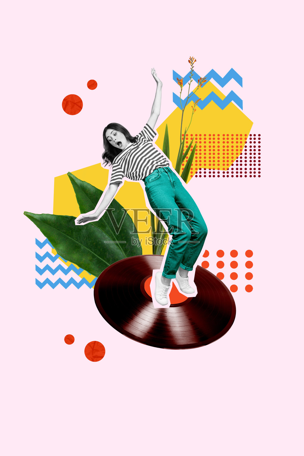 黑白剪影年轻女士在巨大的黑胶唱片上震惊地跳舞的3D照片拼贴艺术作品照片摄影图片