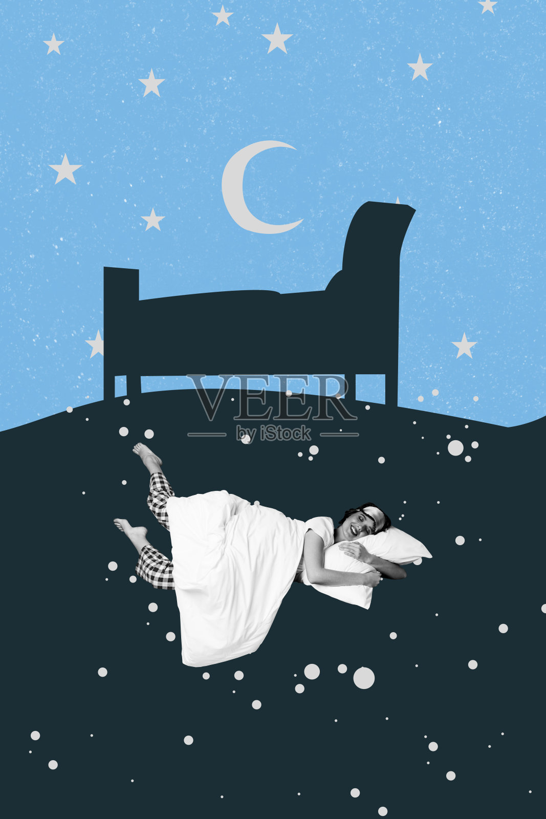 趋势艺术作品合成素描图像照片拼贴，黑白剪影女士在夜晚巨大枕头下沉睡，梦境中掉落在床下。照片摄影图片