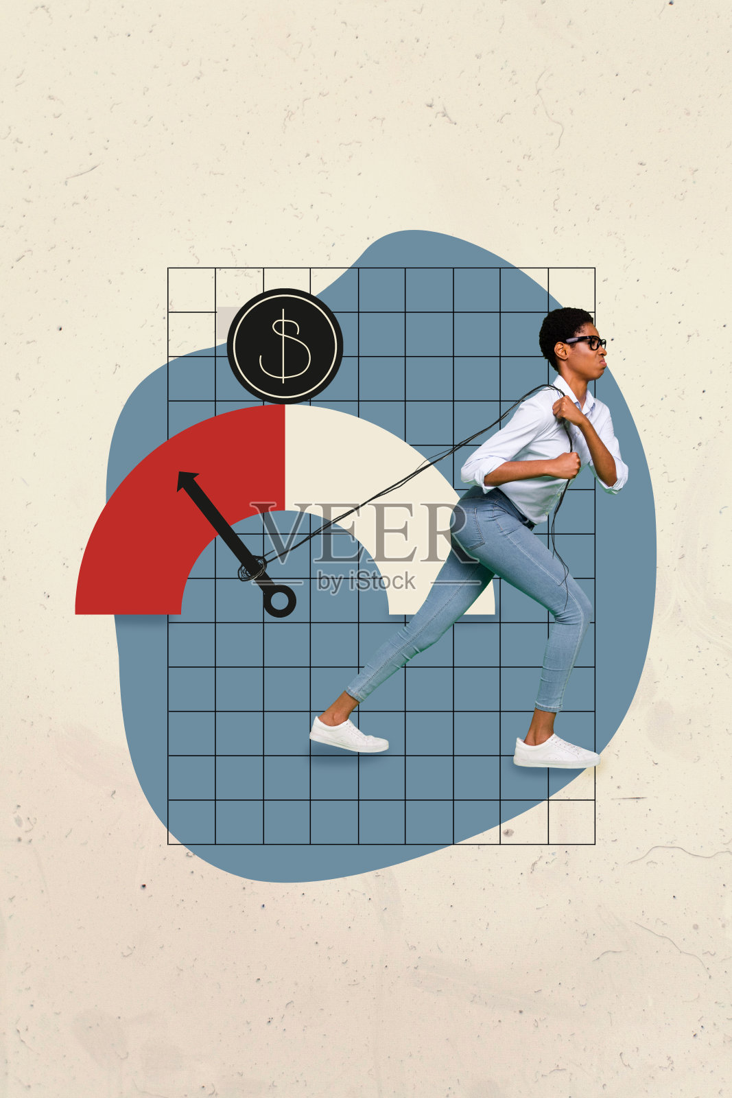 愤怒的女商人竭力提高红色危机指标，反映美元通货膨胀的垂直照片拼贴，背景为涂鸦风格。照片摄影图片