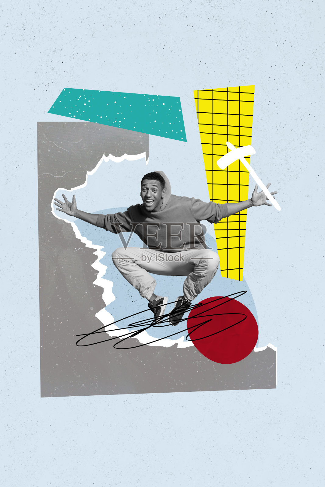 极简风格的照片拼贴艺术，表现出一个令人印象深刻的时尚男孩在跳跃玩乐，背景为图形化设计。照片摄影图片