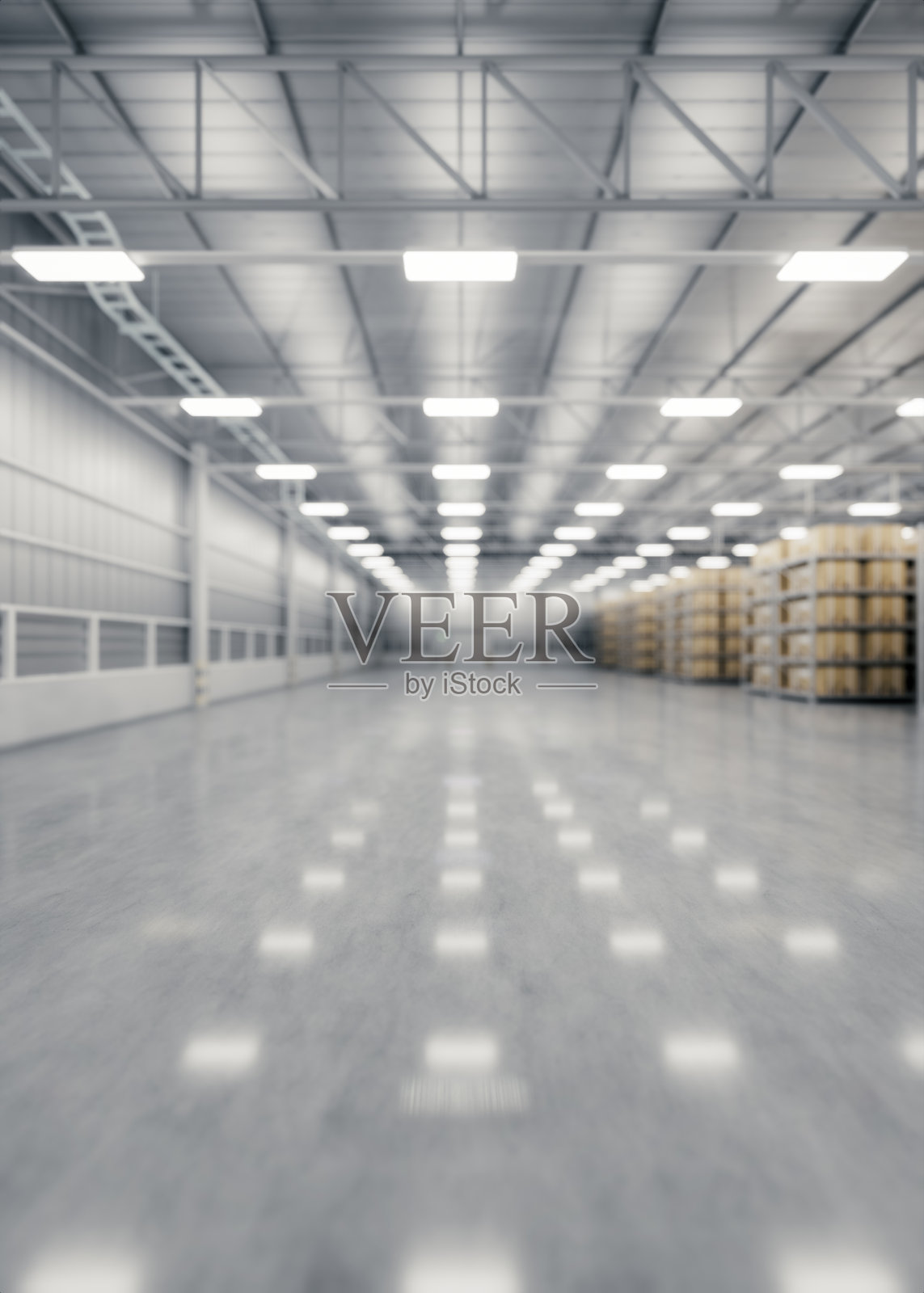 3D渲染的模糊仓库背景和混凝土地面，适合工业背景。照片摄影图片