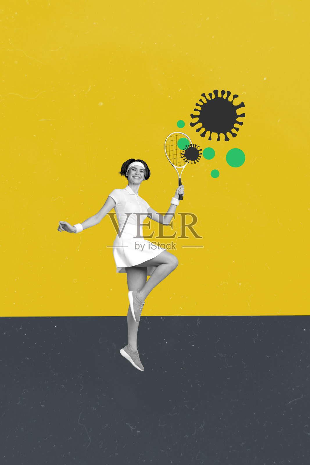 年轻活跃的运动员在户外打网球，使用病毒感染代替网球的复合3D照片拼贴艺术作品照片摄影图片