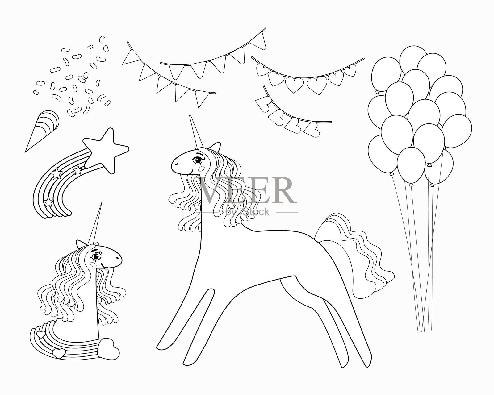 黑白线条插图，适用于涂色书。矢量图。可爱的独角兽，庆祝活动套装。插画图片素材
