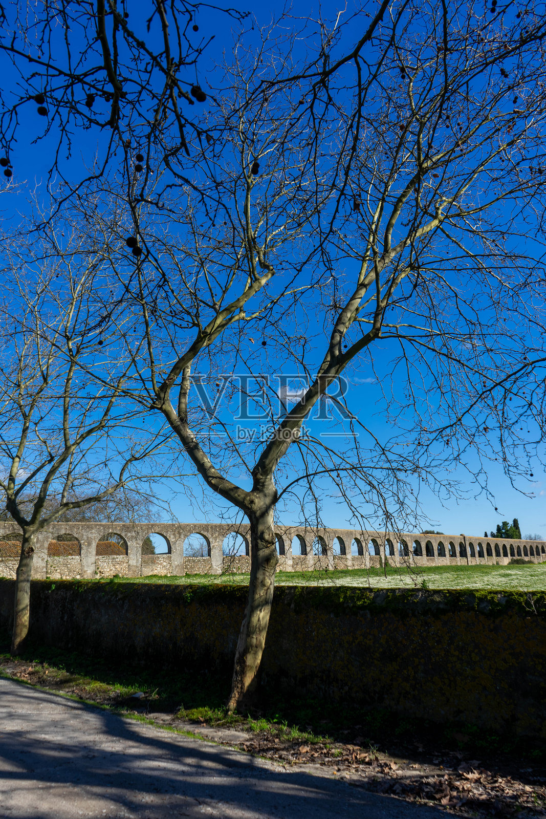 埃武拉的银水高架渠，横跨乡村后进入城市。照片摄影图片