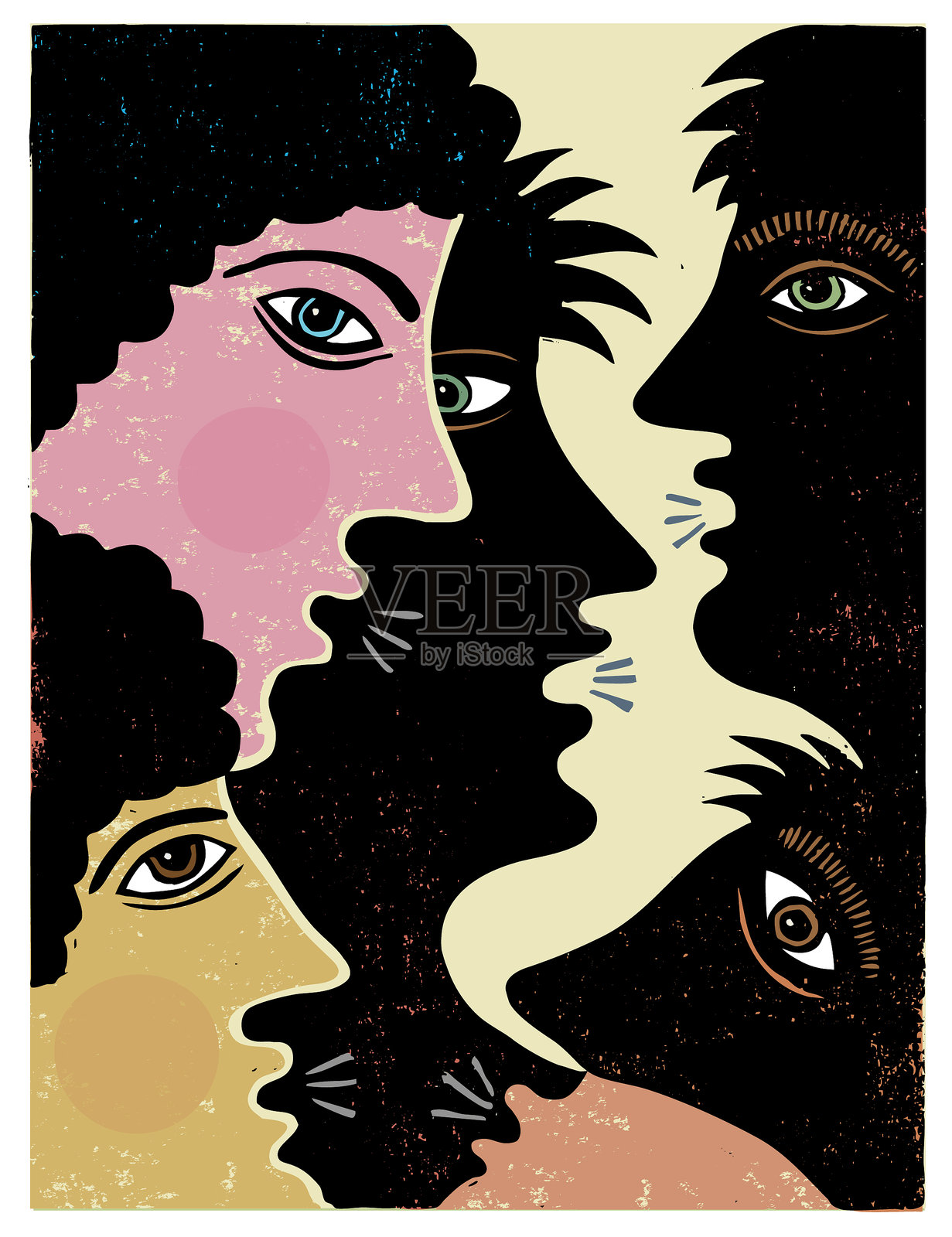 木刻版画的对话面孔插图插画图片素材