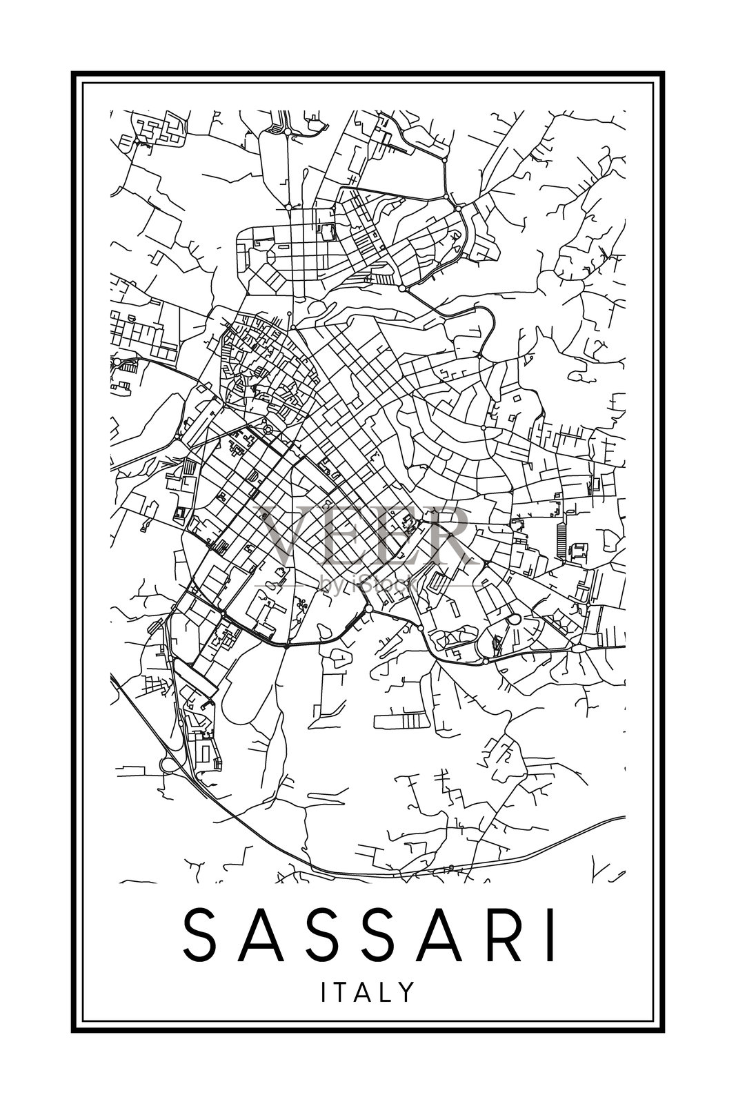 意大利萨萨里镇的海报打印地图插画图片素材