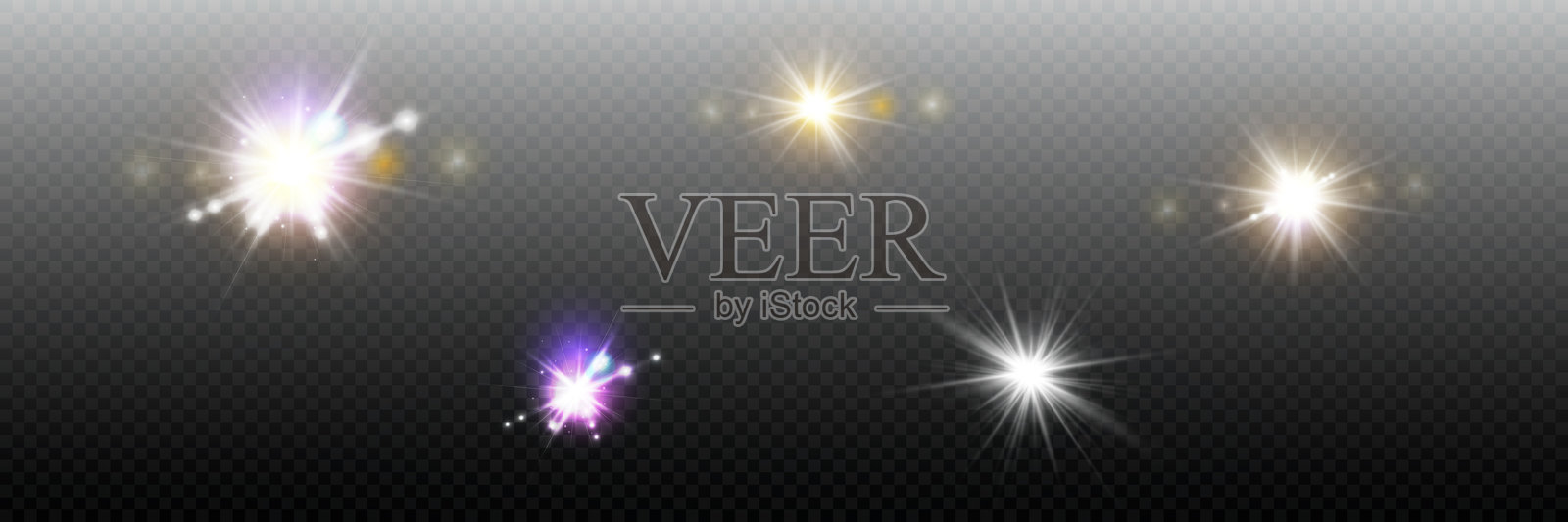 矢量光效。透明背景上的白色光镜头效果集合。用于网页设计和插图的透明矢量阳光。插画图片素材