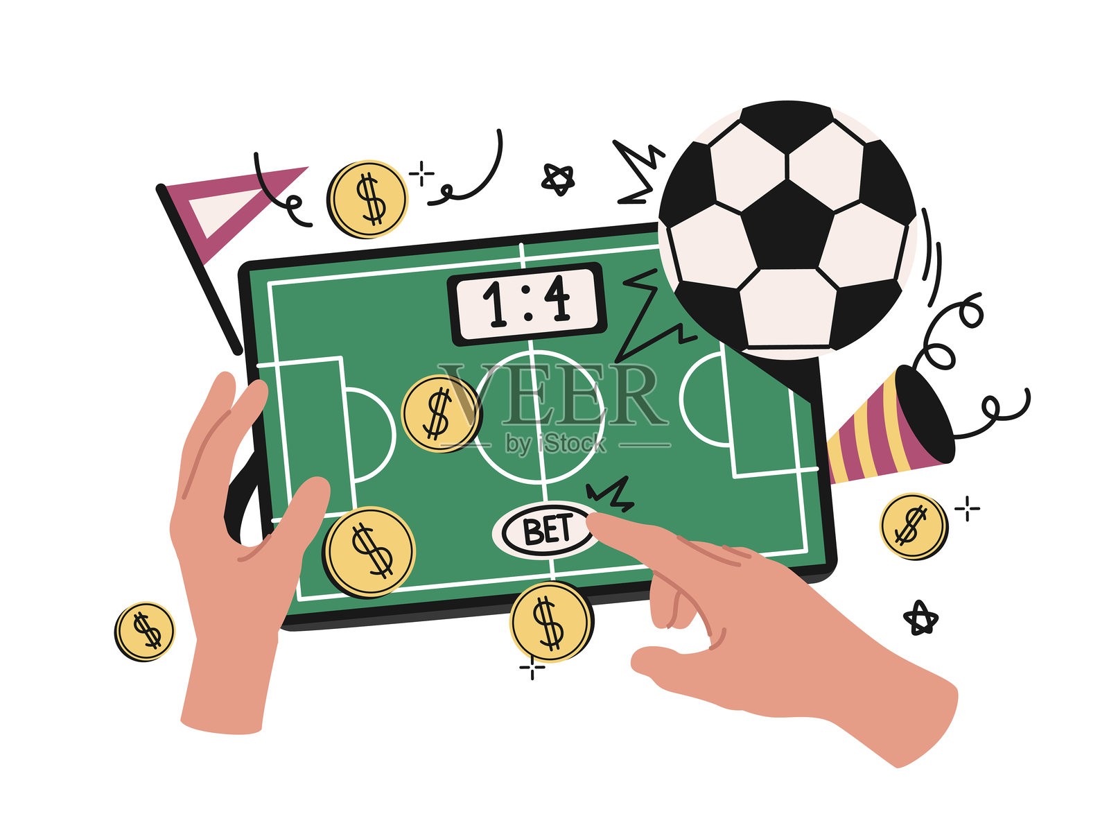 平板电脑屏幕上的足球投注。矢量插图插画图片素材