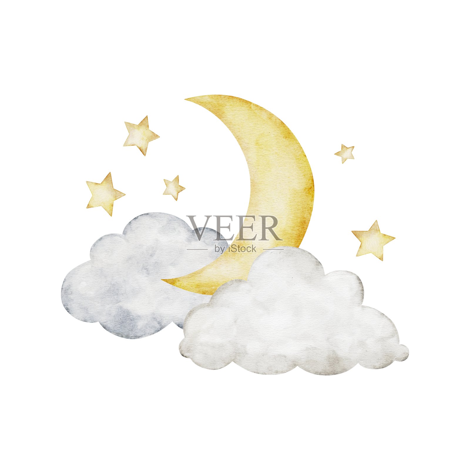 毛茸茸的云朵中的月亮和月份。水彩婴儿插图。可爱的金色星星和白色舒适云朵，背景独立。手绘云朵，适合男孩或女孩的儿童教育、育儿艺术。天气图标。气象预报的符号。插画图片素材