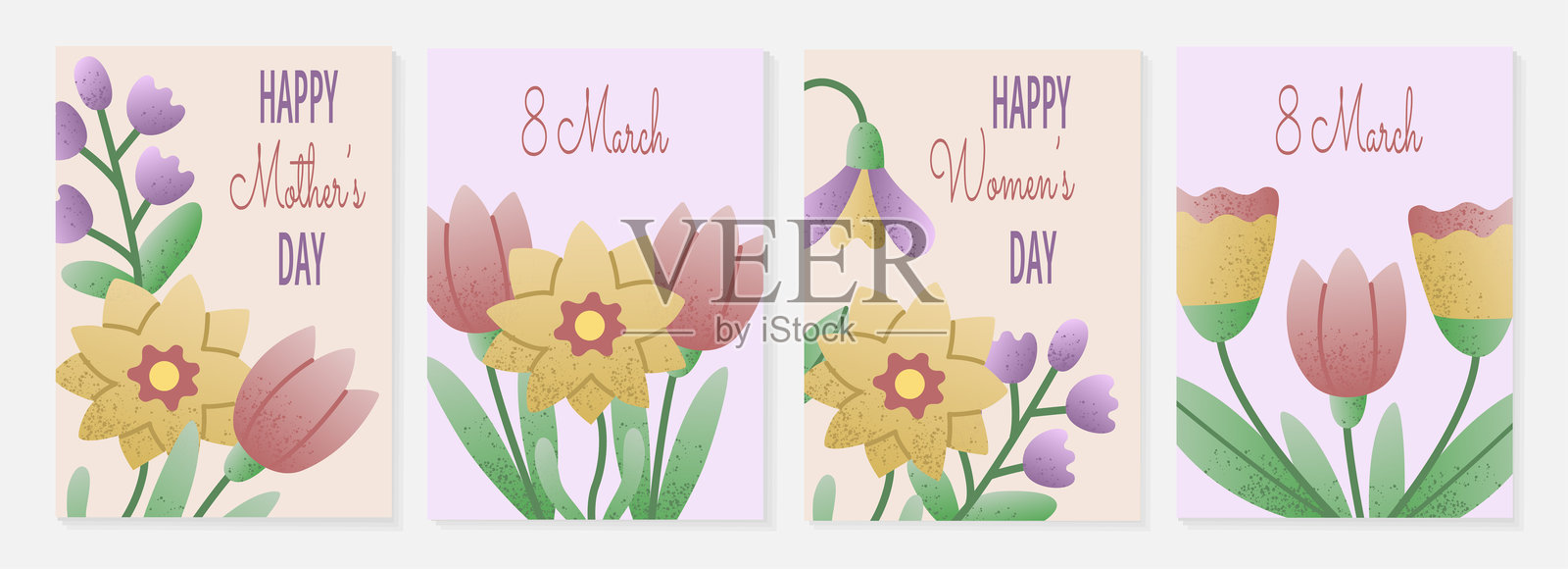 一套以春季花卉如郁金香、黄水仙和铃兰为主题的贺卡设计，包含母亲节和3月8日庆祝活动的文字。非常适合季节性和节日项目。插画图片素材