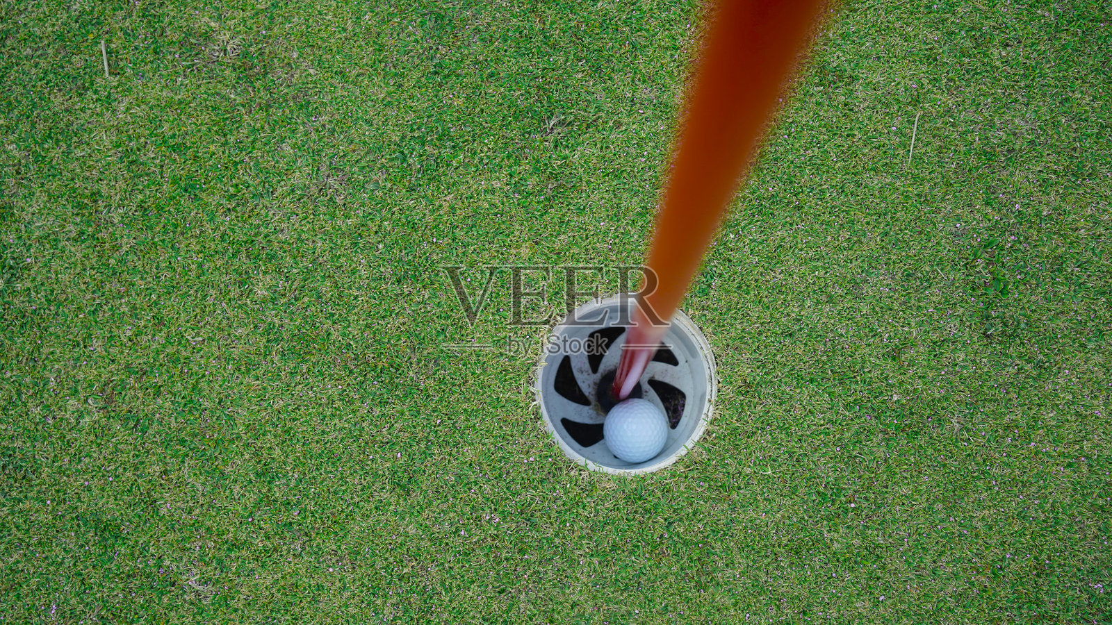 高尔夫球场上的高尔夫球和准备好的高尔夫球杆。照片摄影图片