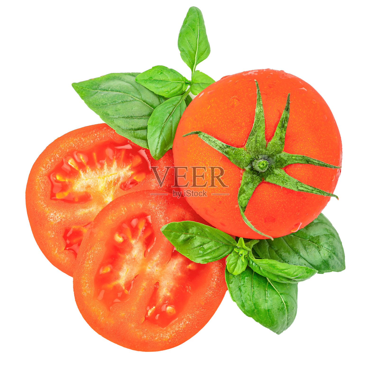 带有罗勒叶的番茄，孤立在白色背景上照片摄影图片