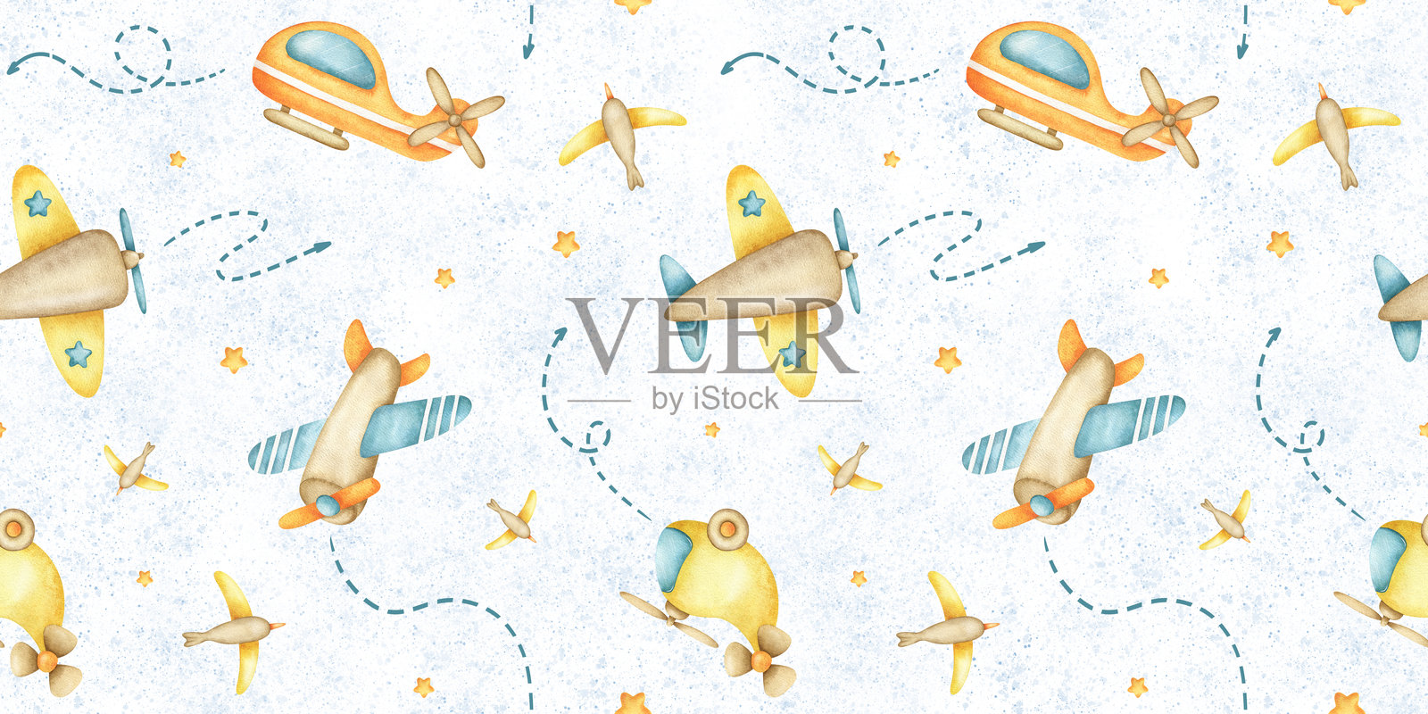 五彩缤纷的儿童飞机、直升机、飞翔的鸟儿、箭头和星星。蓝色背景上的水彩无缝图案。适用于婴儿用品设计、纺织品、壁纸和床上用品的飞机印花。插画图片素材