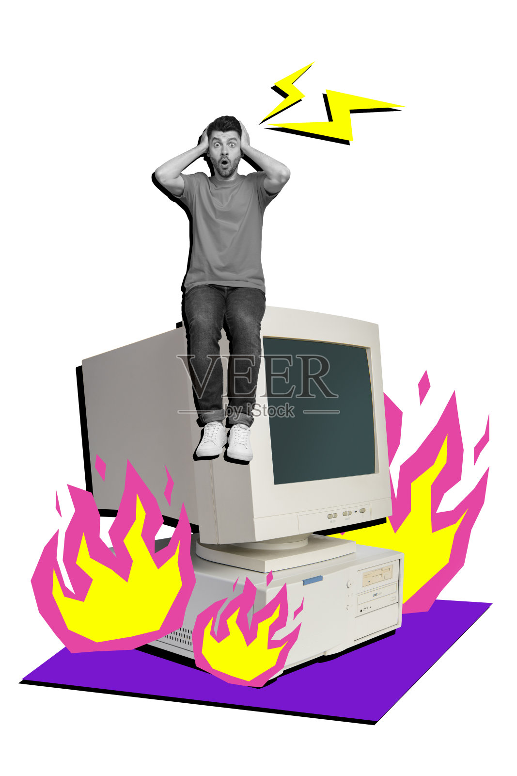 黑白效果的垂直拼贴画，迷你印象派人物坐在大显示器前，火焰背景创意独特。照片摄影图片