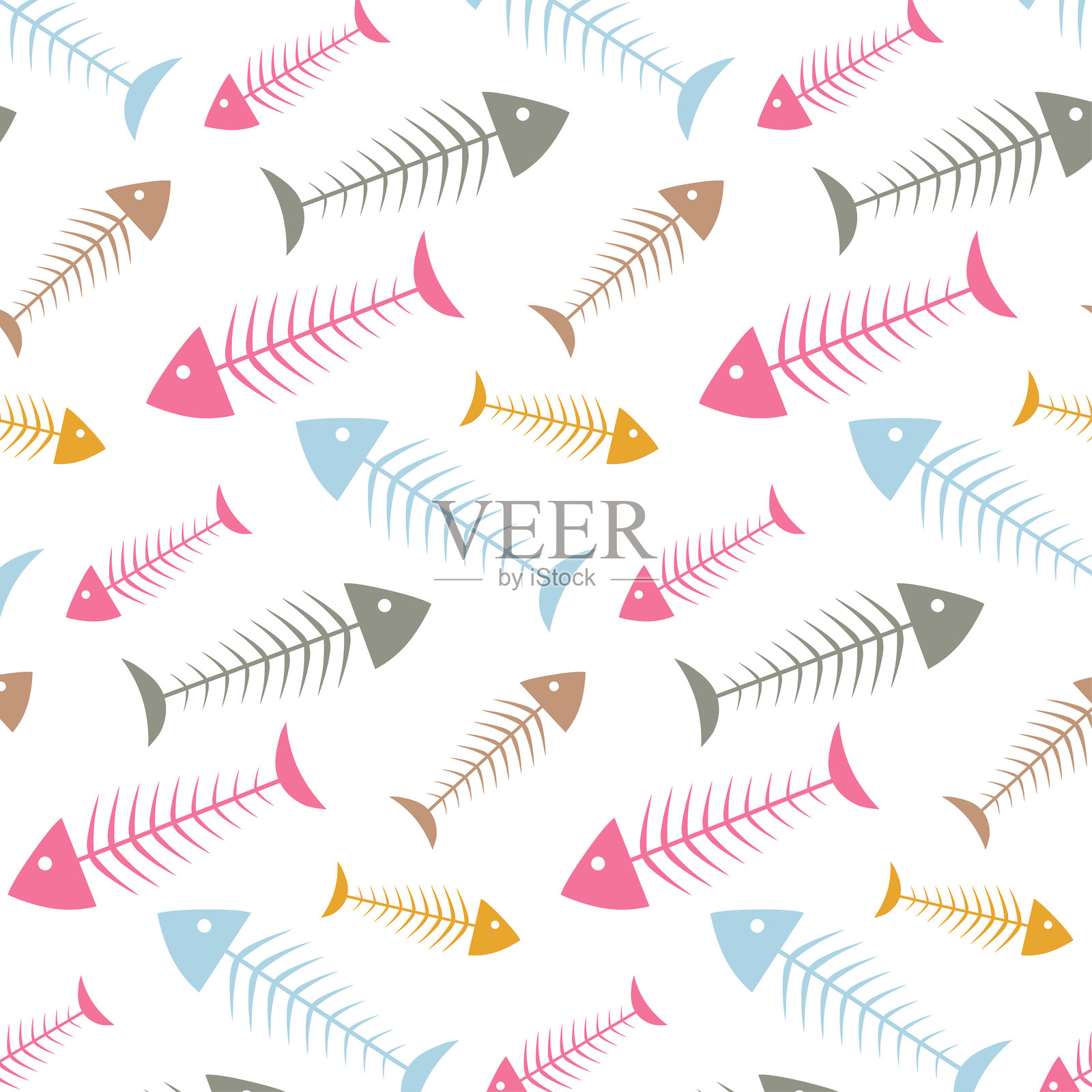 色彩斑斓的鱼骨图案。可爱的儿童插图。可用于装饰包装纸、卡片、便签本、笔记本、相册等。插画图片素材