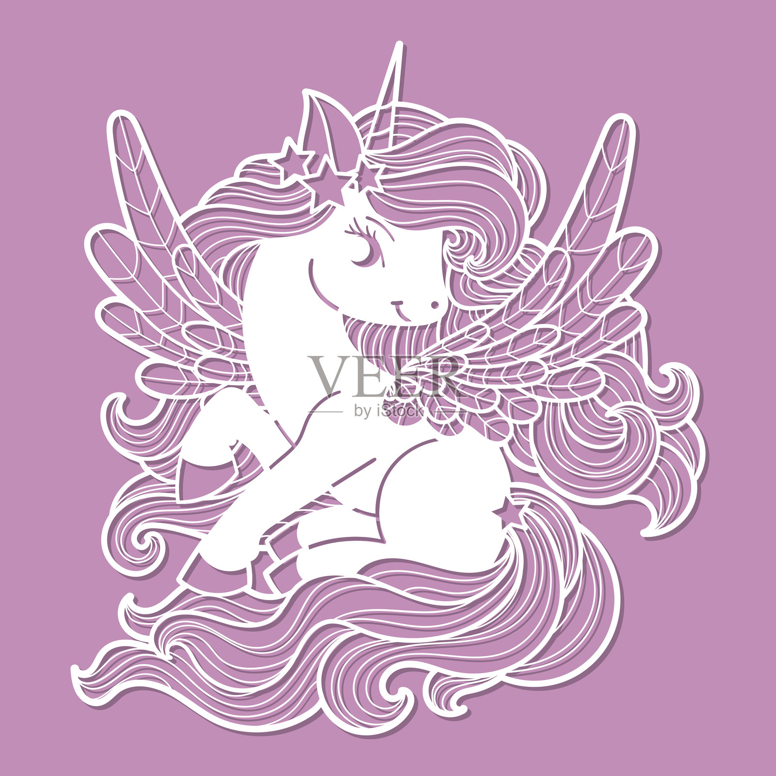 带翅膀的独角兽。激光切割模板 矢量图插画图片素材
