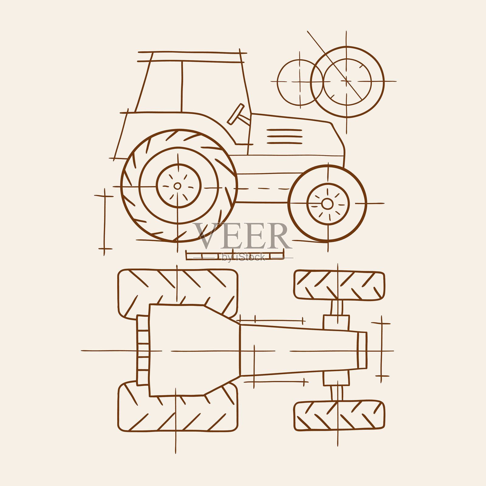 手绘矢量拖拉机蓝图插图。重型车辆草图设计。EPS10矢量文件。插画图片素材