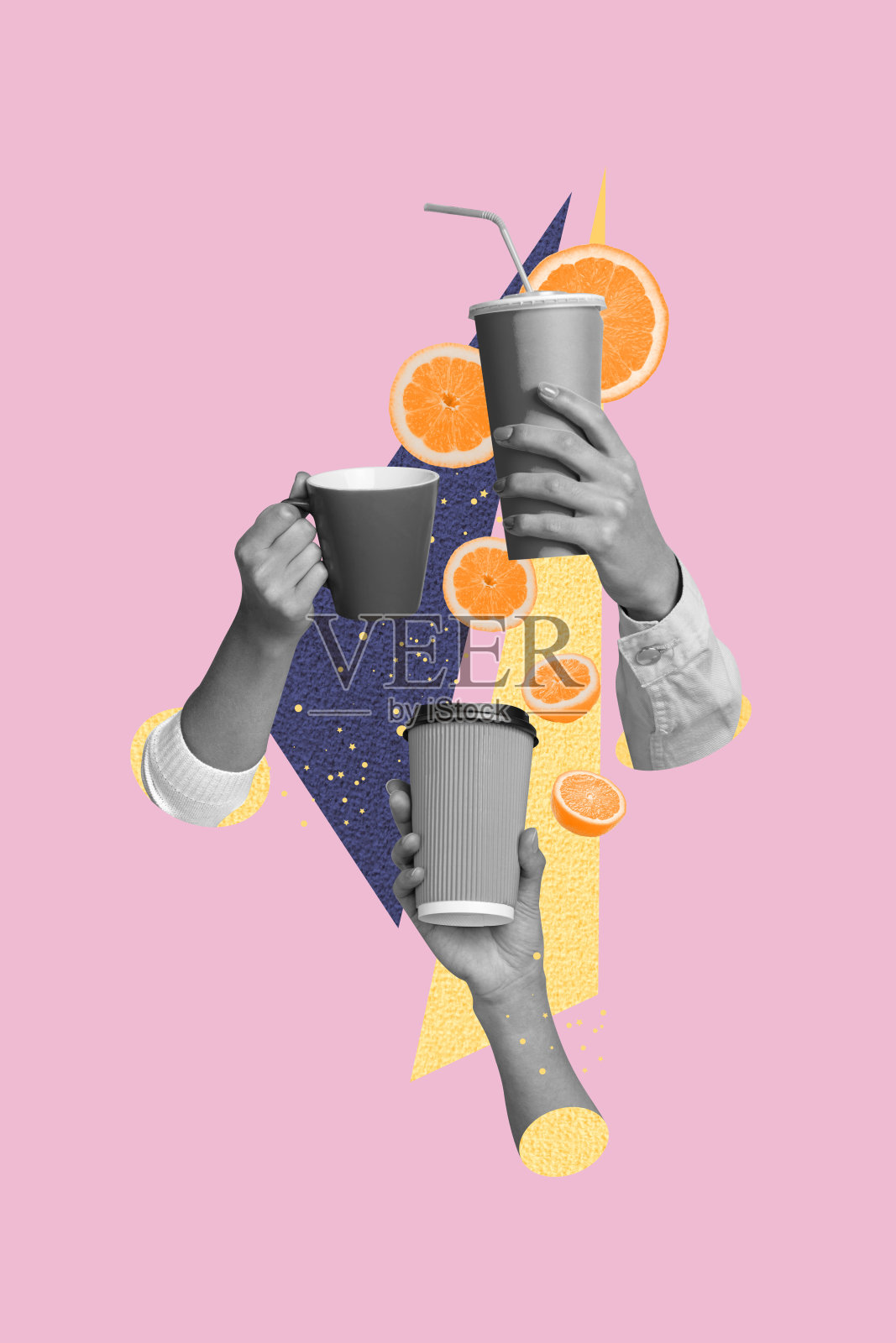 手持多种饮品的竖版照片拼贴，包括可可、咖啡、美式咖啡、冰镇柠檬水和橙色鸡尾酒，背景为涂鸦风格。照片摄影图片