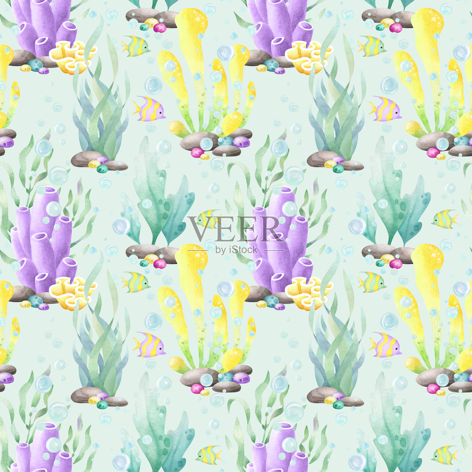 海藻、珊瑚、热带鱼和彩色卵石，水彩无缝图案，背景为青绿色。手绘海底插图，使用黄色、淡紫色和绿色，适合儿童海洋和航海设计。插画图片素材